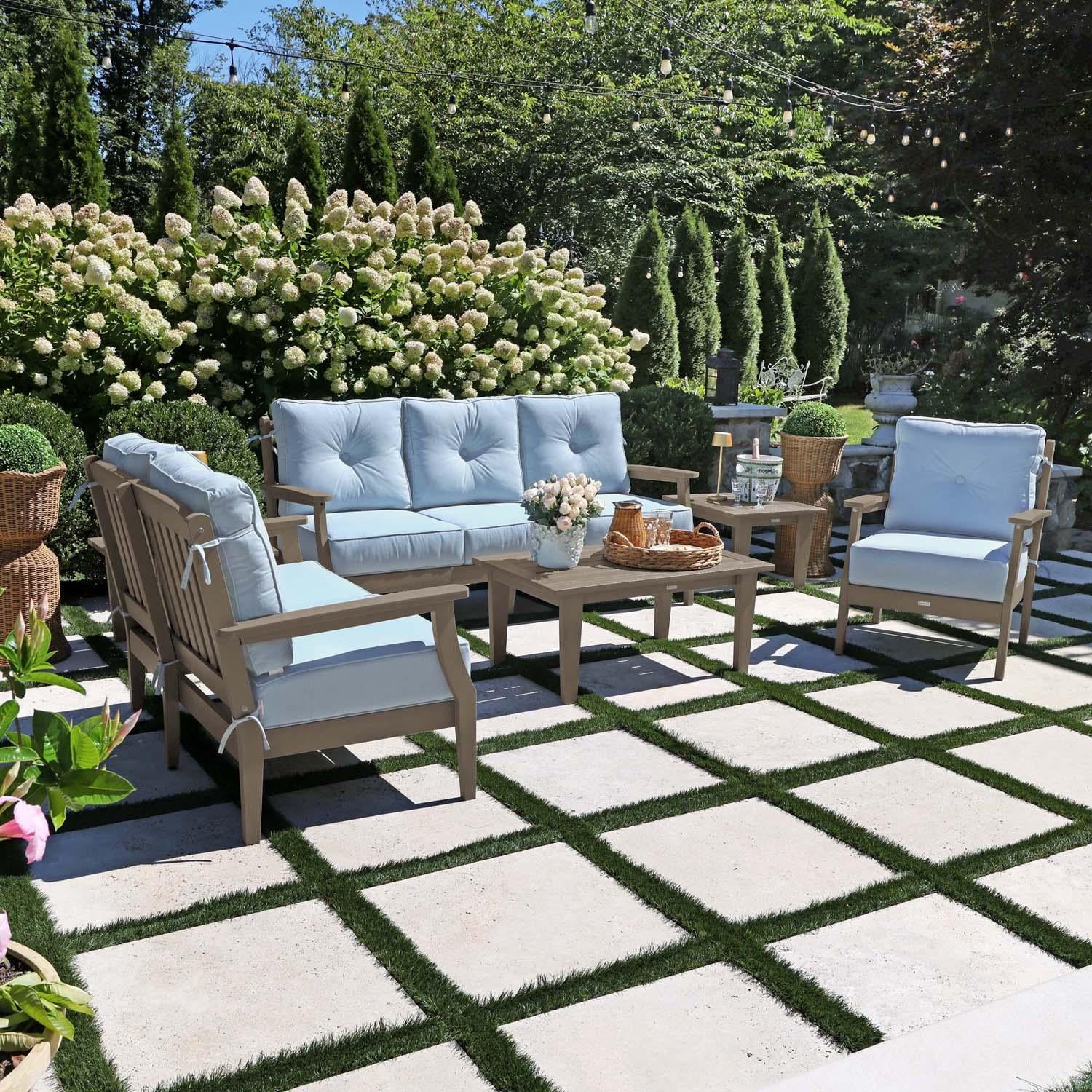 Blushing Bay 6 Pc Recycled Plastic Grand Seating Set in Bliss Dew/Woodland Brown by Lakeview Outdoor Designs - Left Angled - Lifestyle thumbnail
