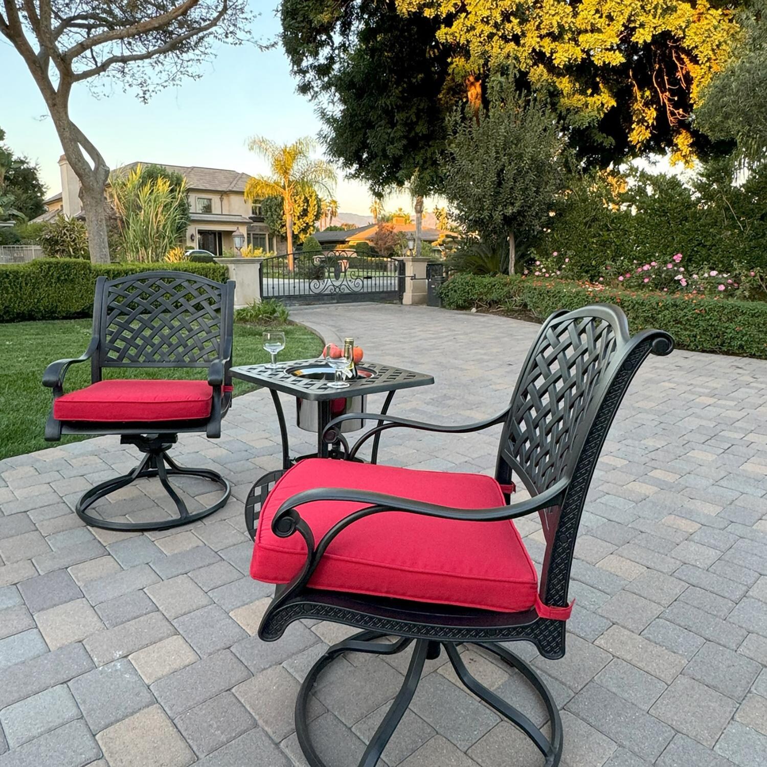 Darlee B/DL13-3PCR-30SQ-R Nassau 3 Pc Cast Aluminum Conversation Set w/ Rocker and Ice Bucket in Antique Bronze w/ Red Cushions - Chair Angle - Lifestyle thumbnail