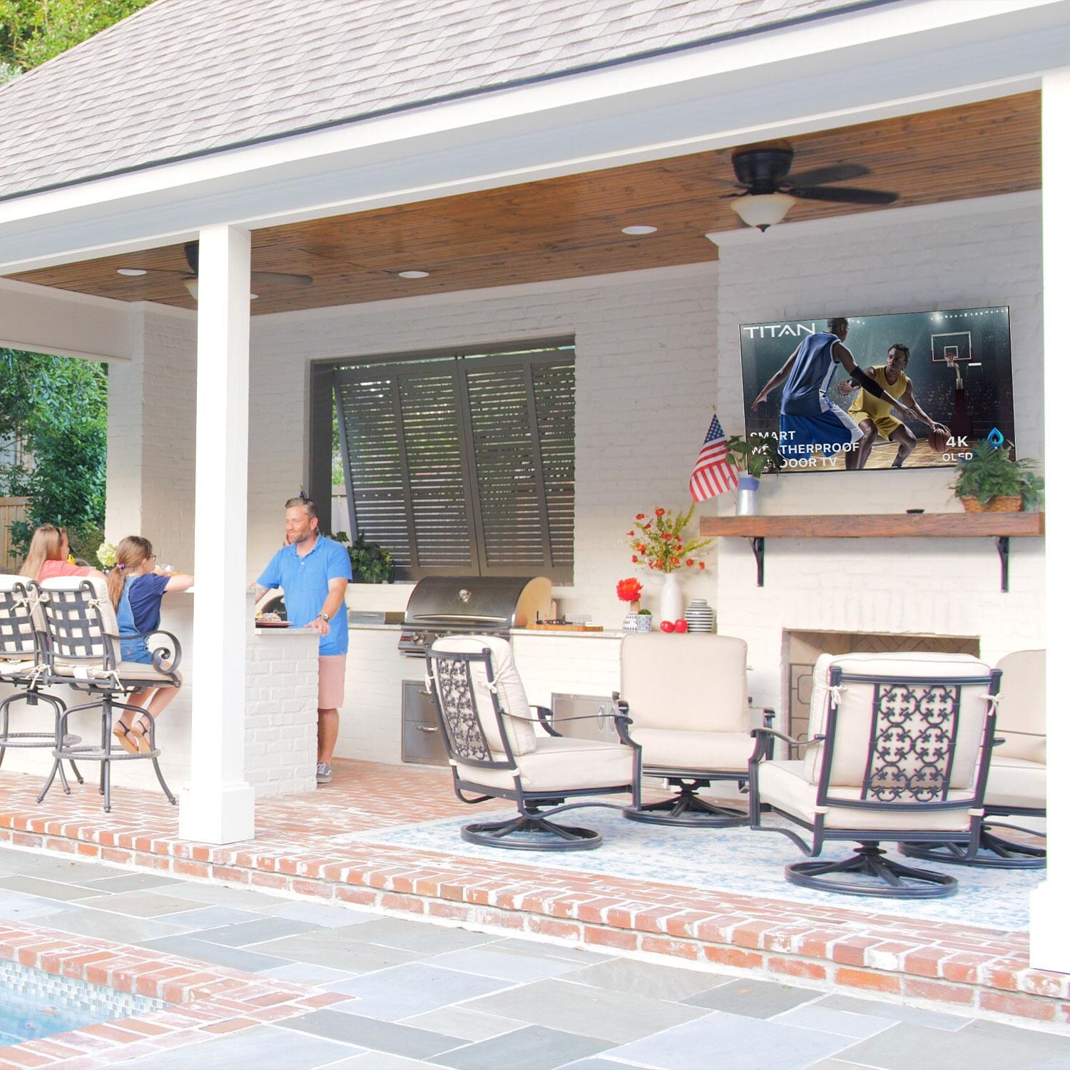Titan Neo QN90C Series 75 Inch Full Sun QLED Outdoor Smart TV - Watching Tv By The Pool - Lifestyle thumbnail