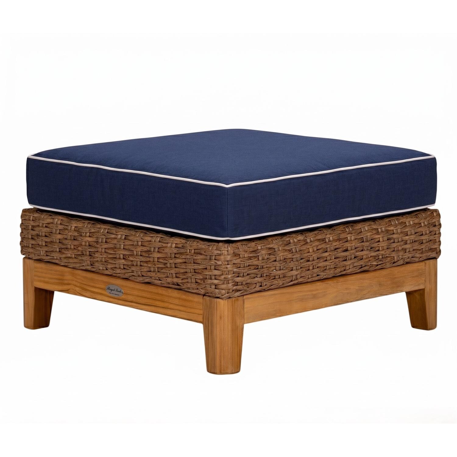 Royal Teak Collection BOCAOT-H-N Boca Wicker Ottoman w/ Sunbrella Cushion in Honey/Navy w/ White Piping - Ottoman - White Background thumbnail