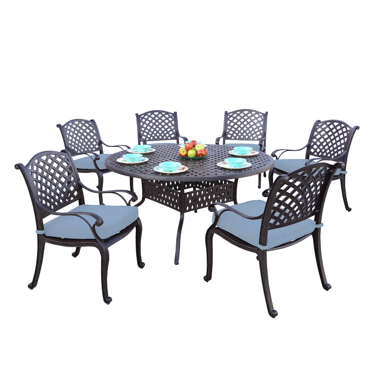 Nassau 7 Pc Cast Aluminum Patio Dining Set W/ 60 Inch Round Table & Blue Cushions By Darlee - Display - White Background thumbnail