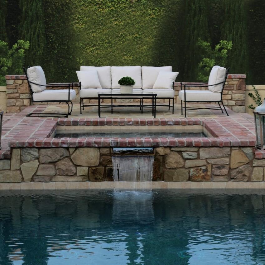 Provence Wrought Iron Club Chair w/ Contrast Spectrum Carbon Welt in Pewter/Canvas Natural by Sunset West - Shown w/ Companion Pieces by Pool - Lifestyle thumbnail