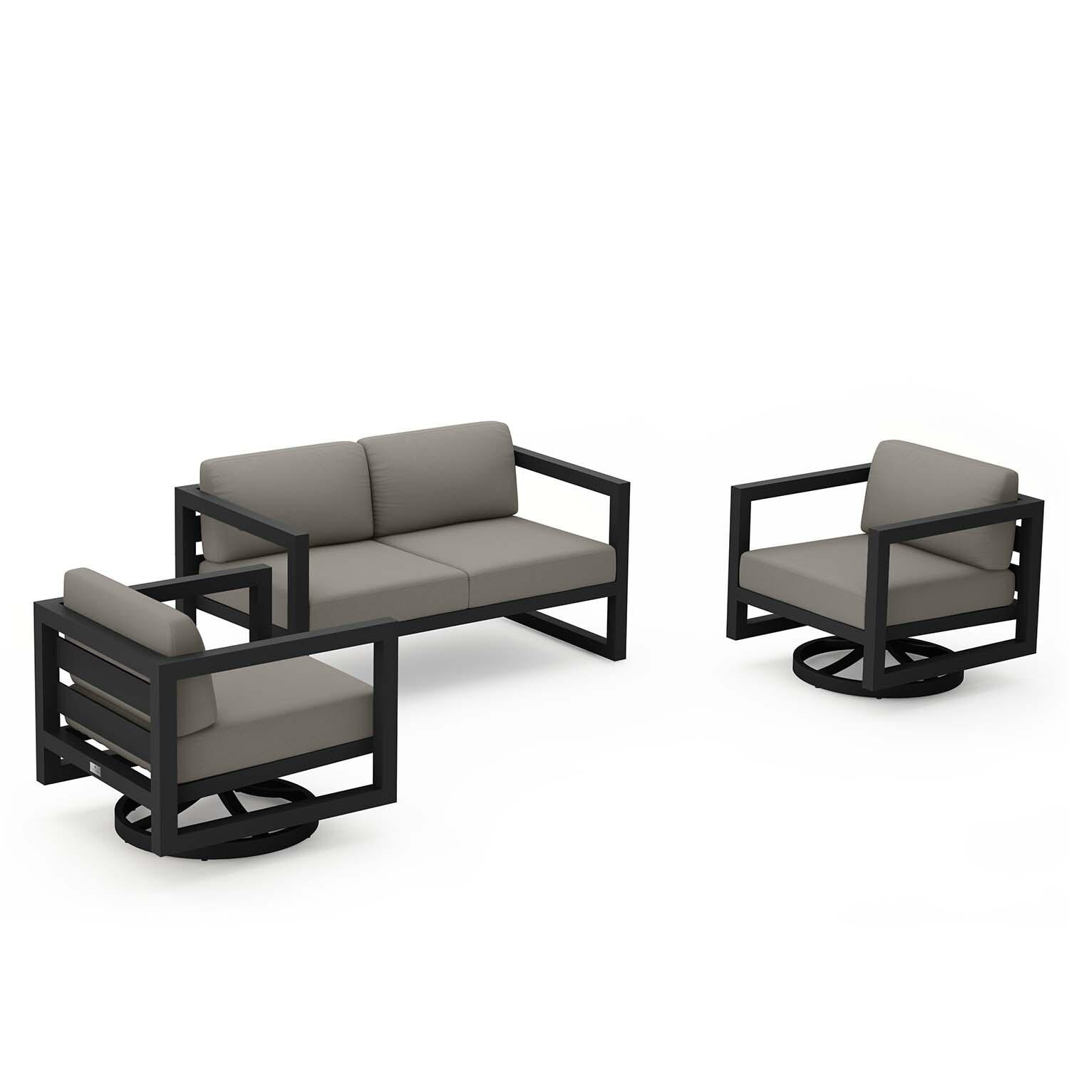 Misty Cove 3 Pc Aluminum Loveseat Seating Set w/ Swivel Chairs in Black/Canvas Charcoal by Lakeview Outdoor Designs - Angled - White Background thumbnail