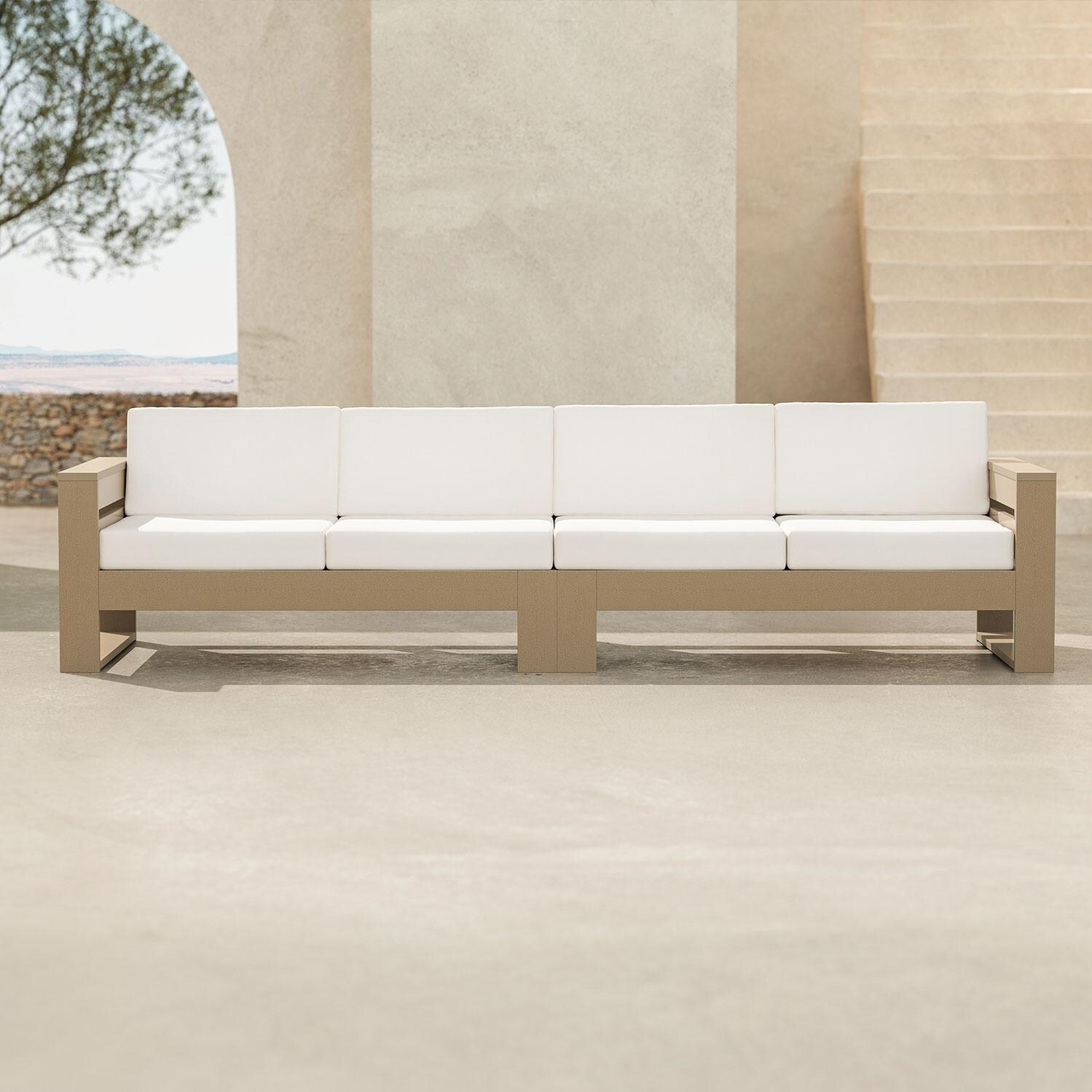 Latitude 4 Person Sofa in Vintage White/Ash Charcoal By PW Designer Series - Shown in Vintage Sahara/Dune Burlap Finish - Patio - Lifestyle thumbnail