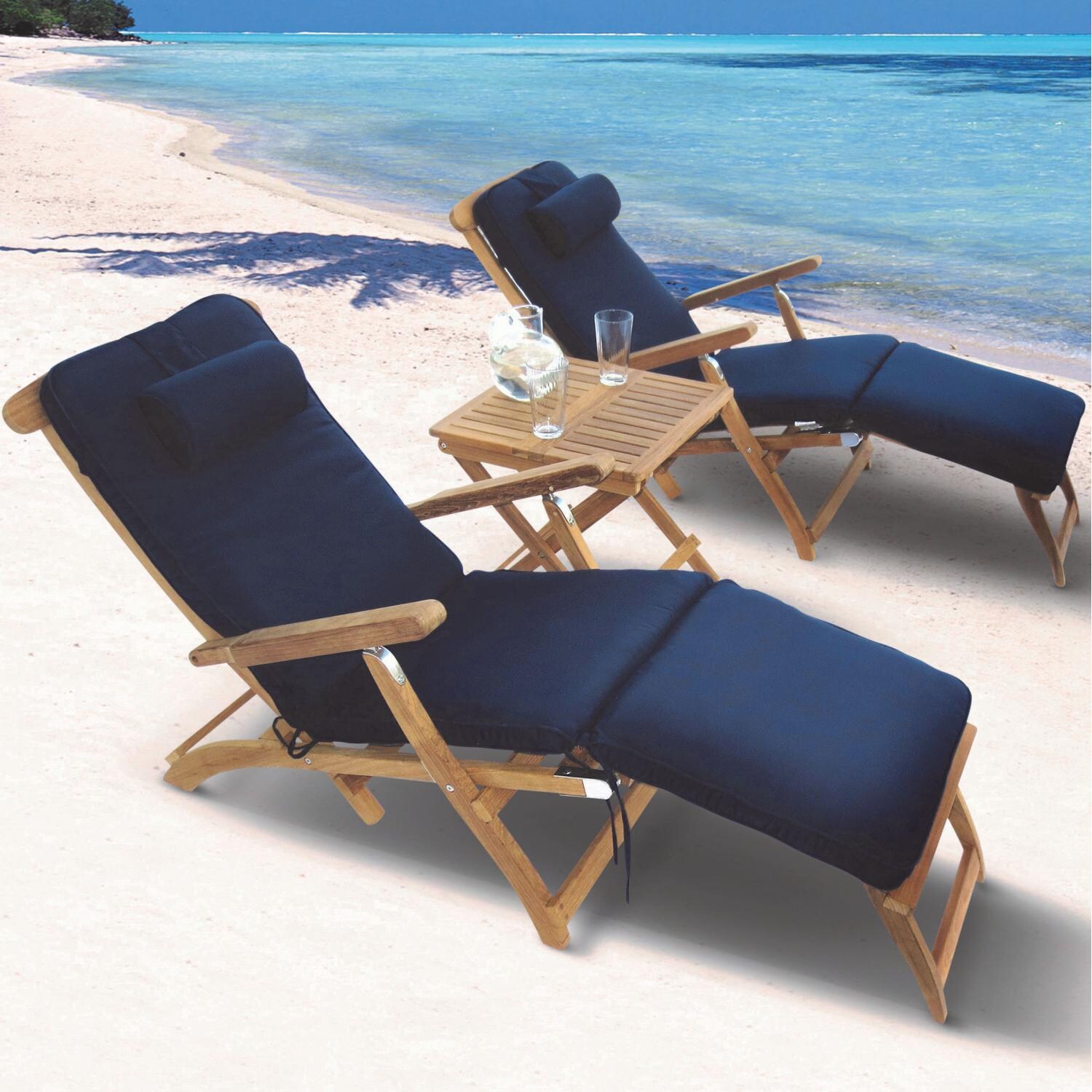 Royal Teak Collection 3 Piece Steamer Teak Patio Chaise Lounge Set W/ Side Table And Sunbrella Canvas Navy Cushions thumbnail