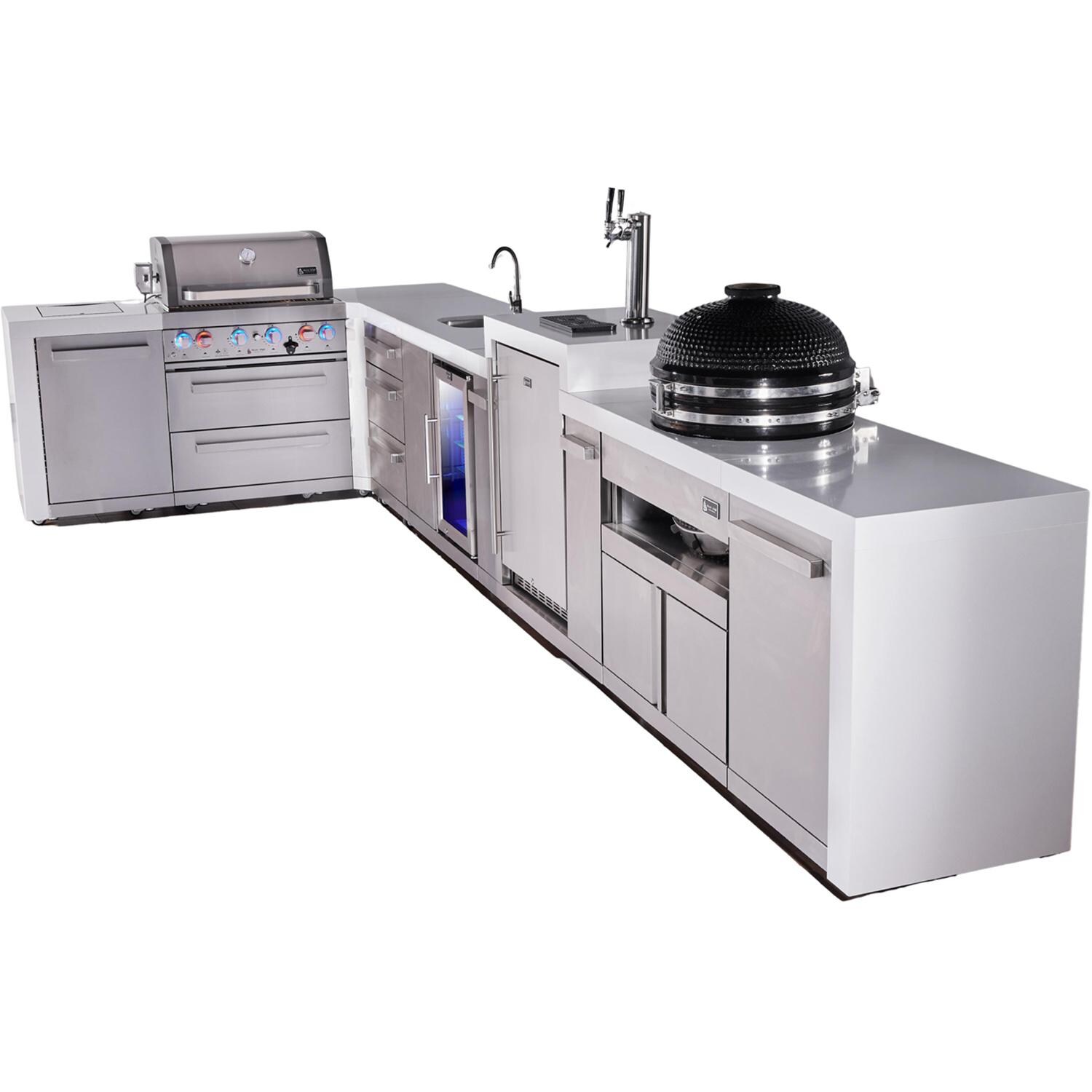 Mont Alpi Deluxe Series 13 1/2 Ft L-Shaped Natural Gas Outdoor Kitchen Island w/ 32-in Grill, Side Burner, Beverage Center, Kegerator, Fridge, Kamado Module & Triple Drawer (Ships Propane w/ Conversion Kit) - Island - White Background thumbnail