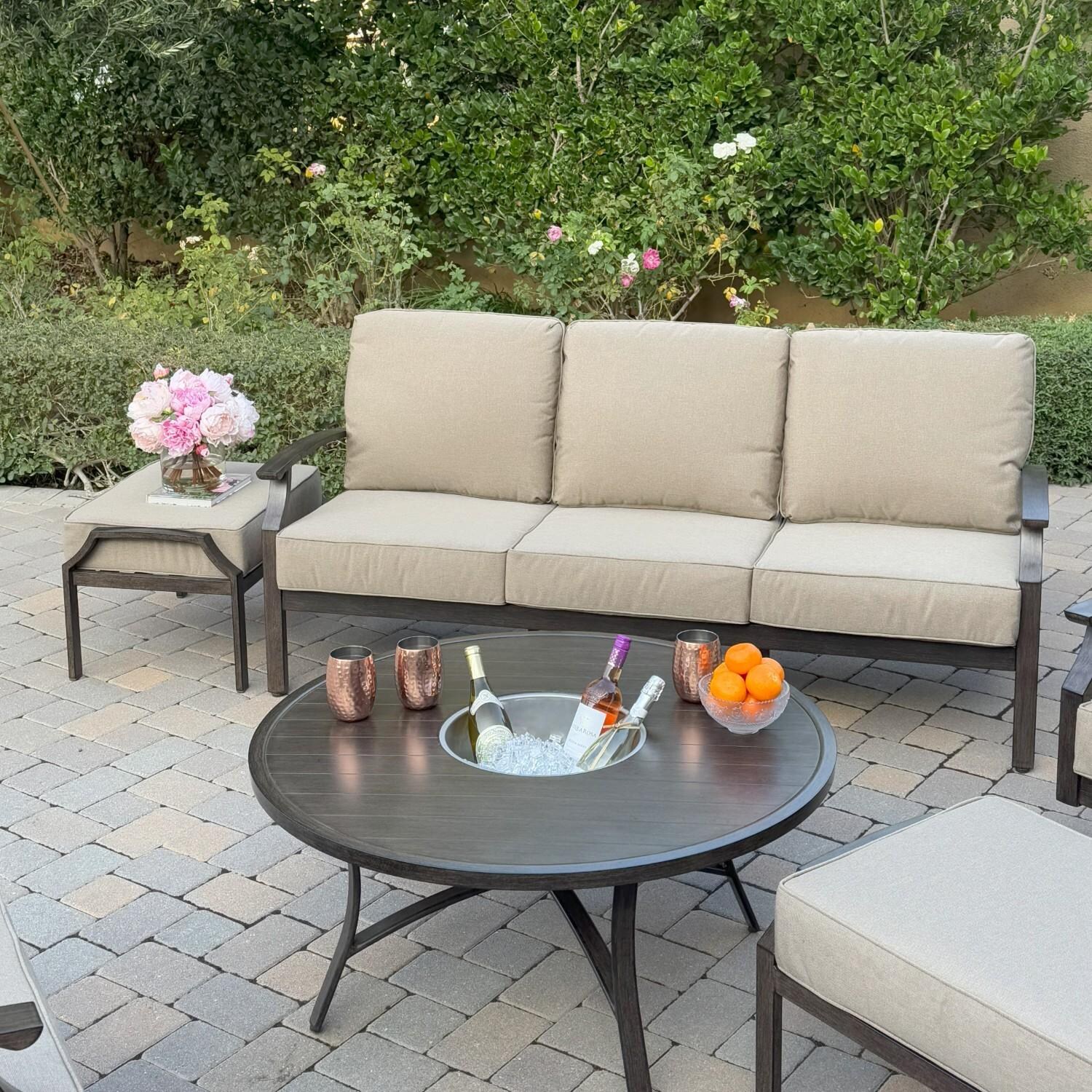 Atlantis 6 Pc Aluminum Seating Set w/ Sofa, 2 Swivel Rocker Club Chairs, 2 Ottomans & Ice Bucket in Walnut/Beige by Darlee - Sofa & Table - Lifestyle thumbnail