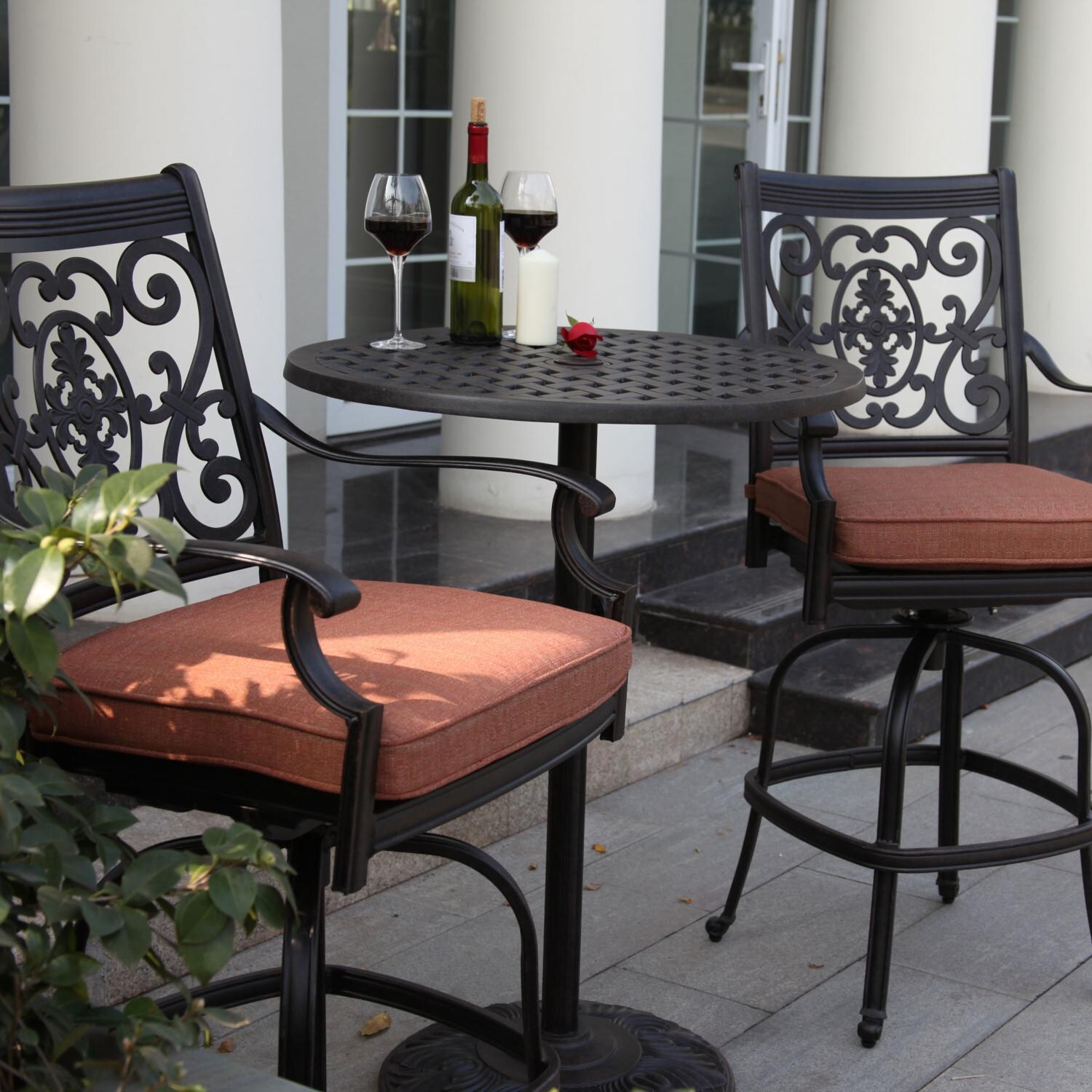 Darlee DL101-3PC-30CJ St Cruz 3 Piece Cast Aluminum Patio Counter Height Bar Set W/ 30 Inch Round Table & Spicy Chili Cushions thumbnail