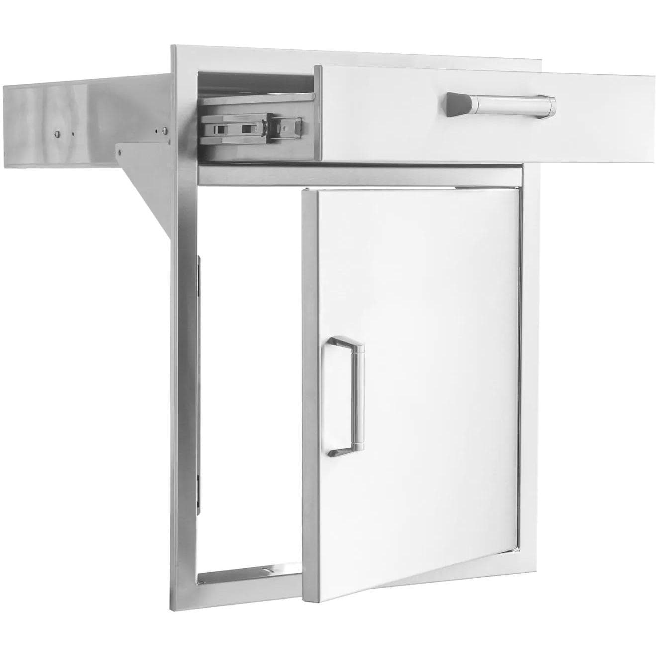 BBQGuys Signature Contempo 21 Inch Stainless Steel Single Access Door & Drawer Combo - Drawer and Door Open - White Background thumbnail