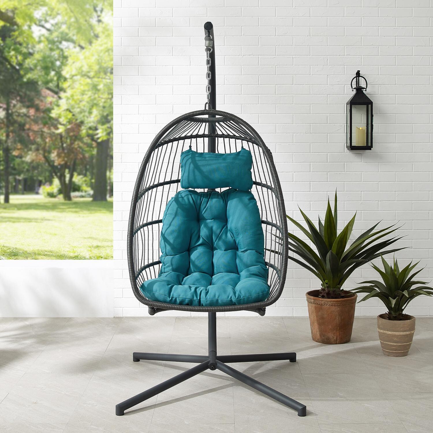 Ultimate Patio Resin Rattan Swing Chair W/ Steel Frame - Gray/Teal thumbnail