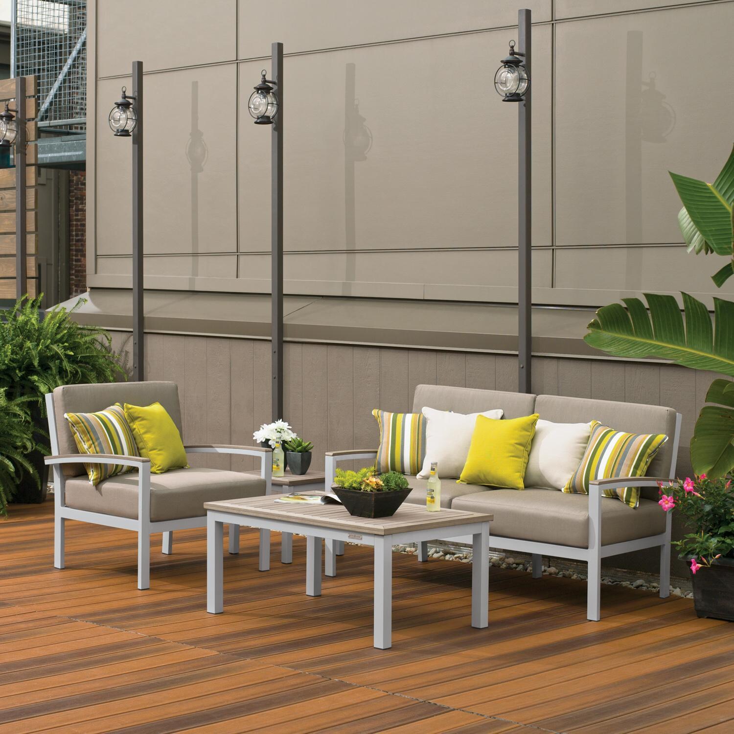 Oxford Garden Travira 2 Person Aluminum Loveseat W/ Vintage Tekwood Arm Caps in Flint/Stone - Boardwalk thumbnail
