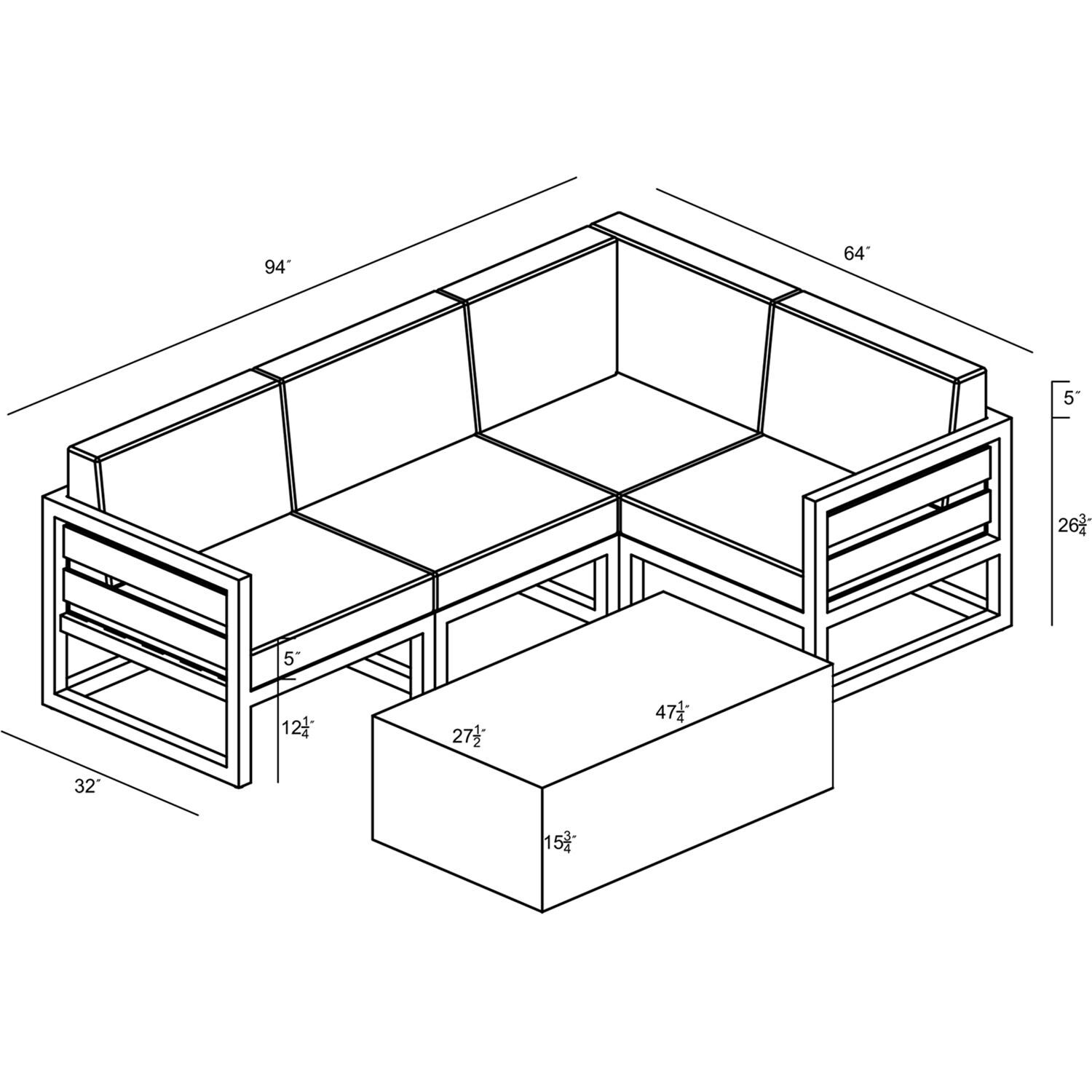 Lakeview MSTYMAS-BK-5SEC-IN Misty Cove 5 Pc Aluminum Sectional Set in Black w/Coffee Table & Spectrum Indigo Cushions by Lakeview Outdoor Designs - Line Drawing - Dimensional thumbnail