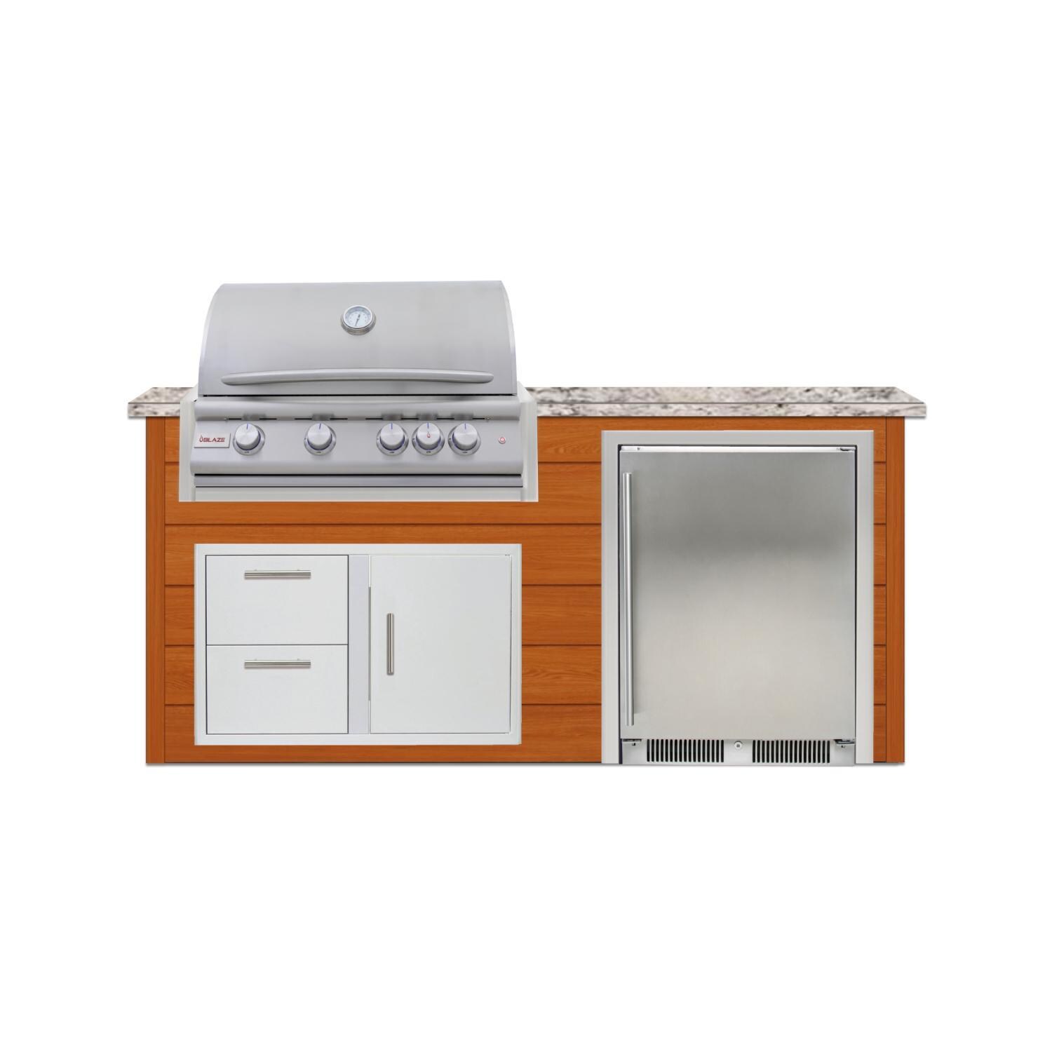 BBQGuys Signature 6 Ft Grill Island w/ 32 Inch Propane Blaze Premium LTE+ Grill, Refrigerator, Narrow Trash Bin & Door & Drawer | Chai Cedar w/ White Granite - Front - White Background thumbnail