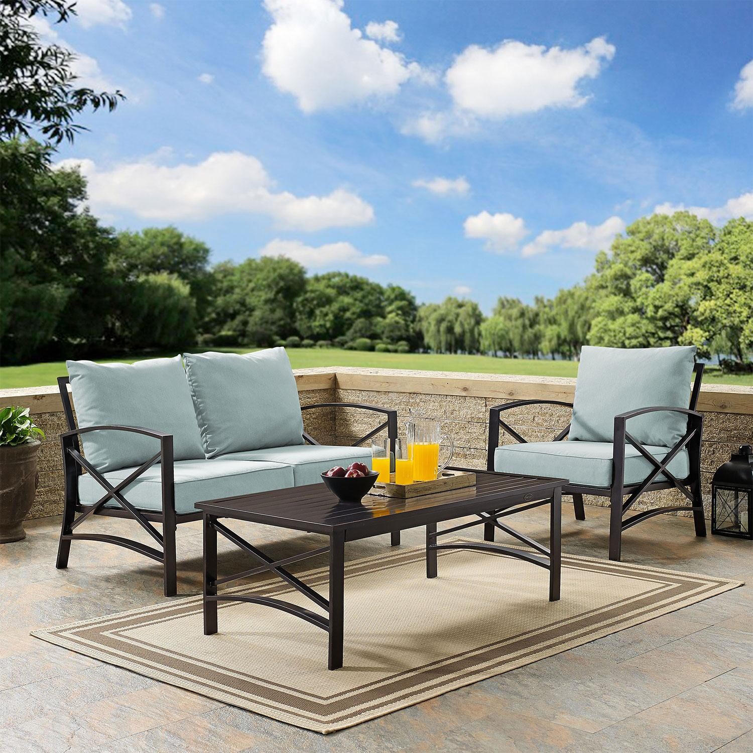 Ultimate Patio UP-82247BZ-MI 3Pc Outdoor Loveseat Patio Furniture Set in Mist - Different Angle - Lifestyle thumbnail