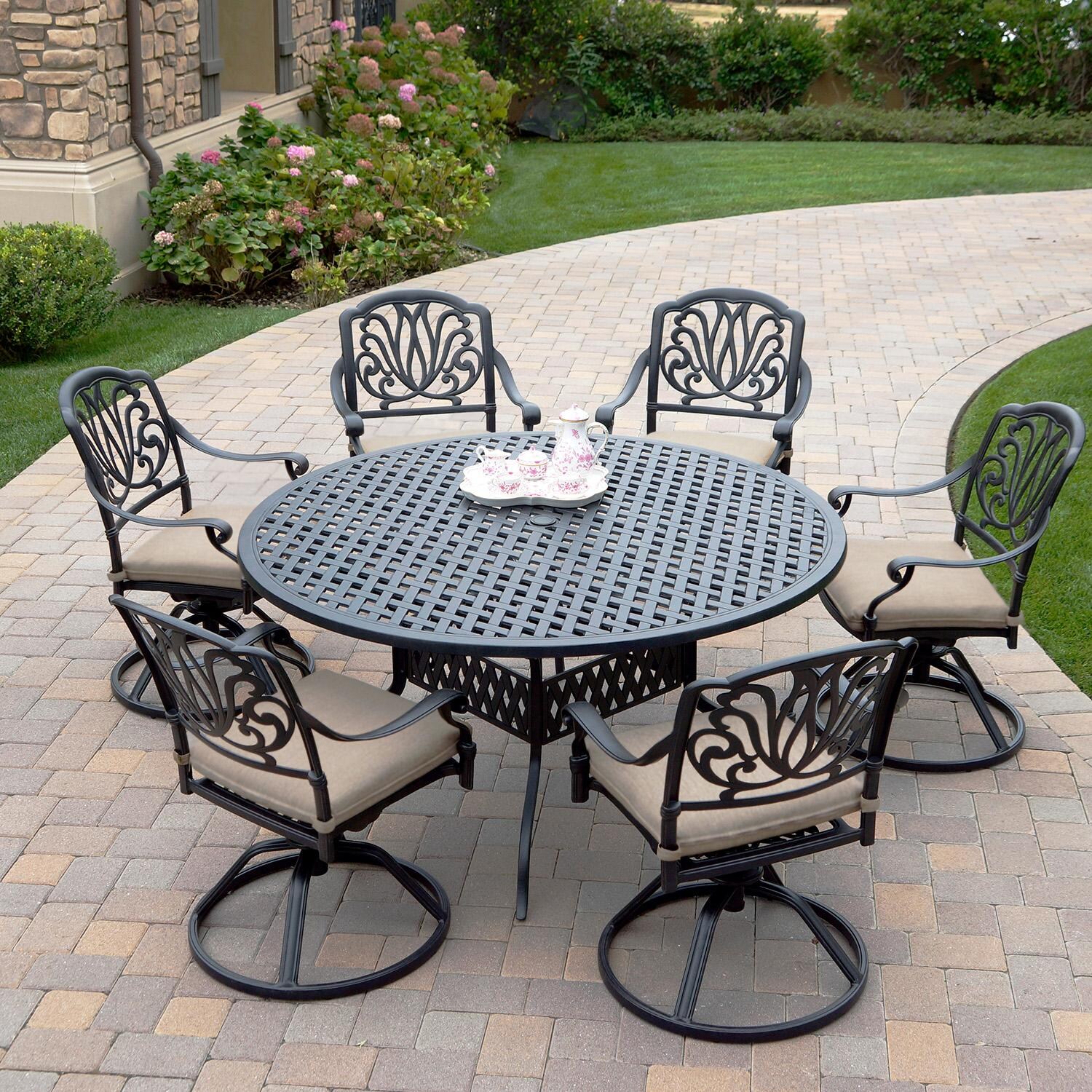 Darlee Elisabeth Cast Aluminum Swivel Rocker Dining Chair in Antique Bronze/Canvas Beige - Shown as Set - Lifestyle thumbnail