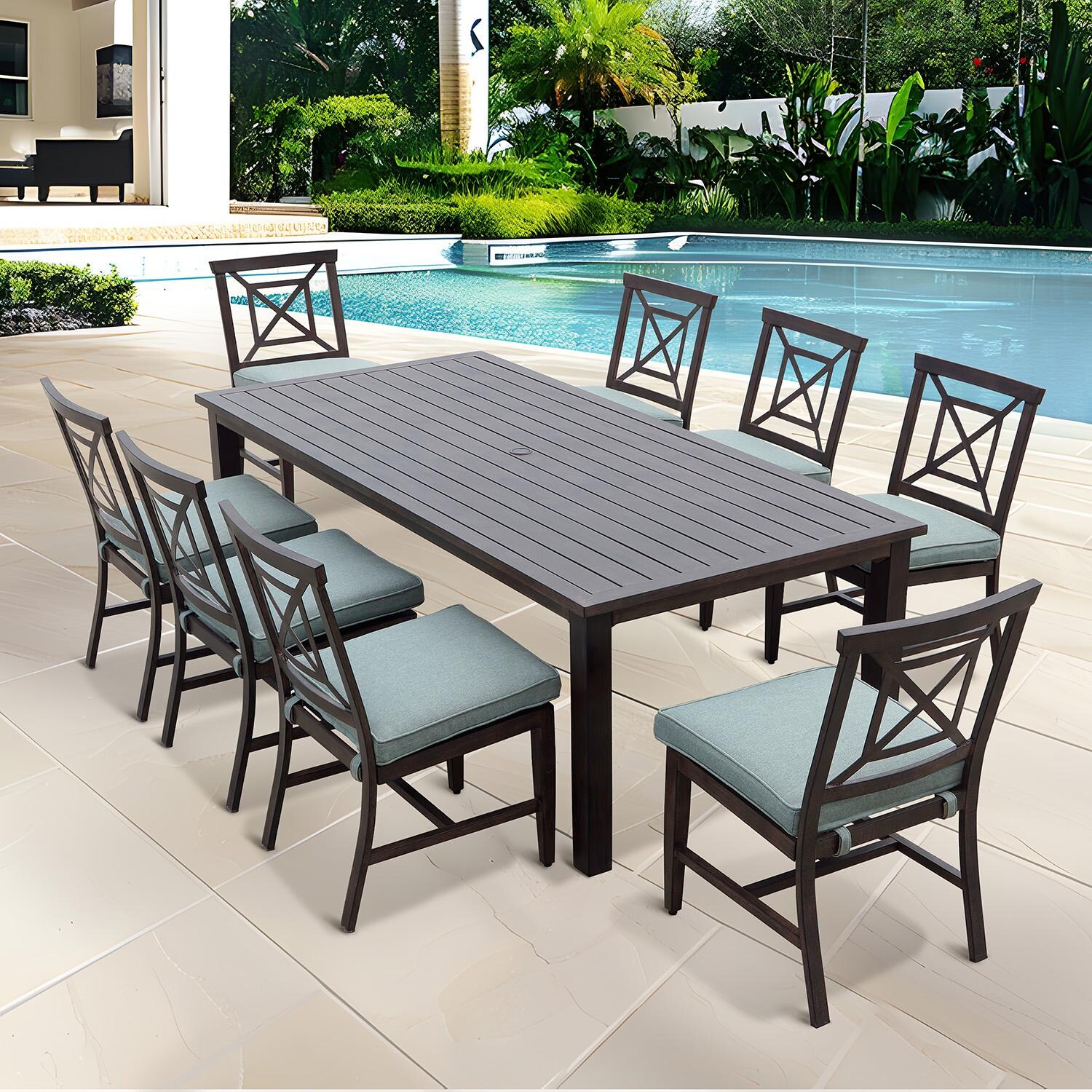 Atlantis 9 Pc Aluminum Dining Set w/ 88 X 42 Inch Table in Walnut/Spa by Darlee