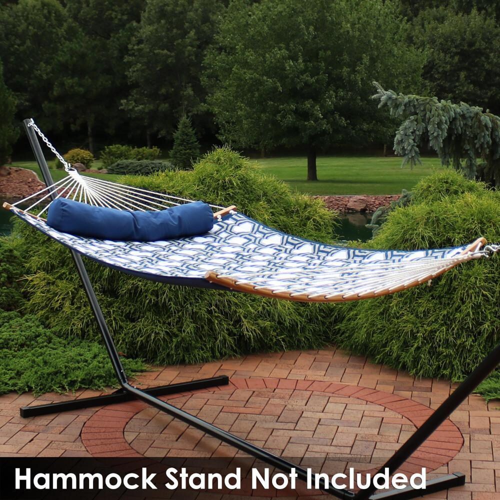 Ultimate Patio Quilted Hammock w/ Curved Bamboo Spreader Bars - Navy & Gray Octagon - Lifestyle thumbnail