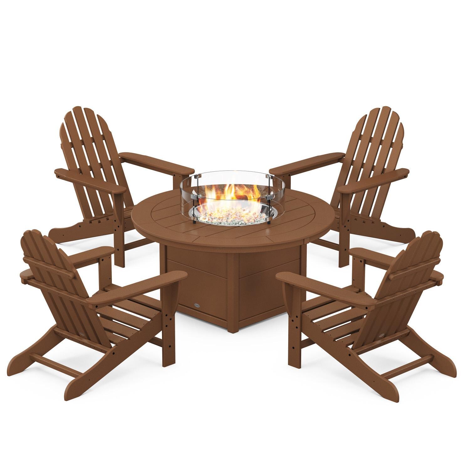 Classic Adirondack 5 Pc Recycled Plastic Fire Pit Seating Set in Teak by POLYWOOD