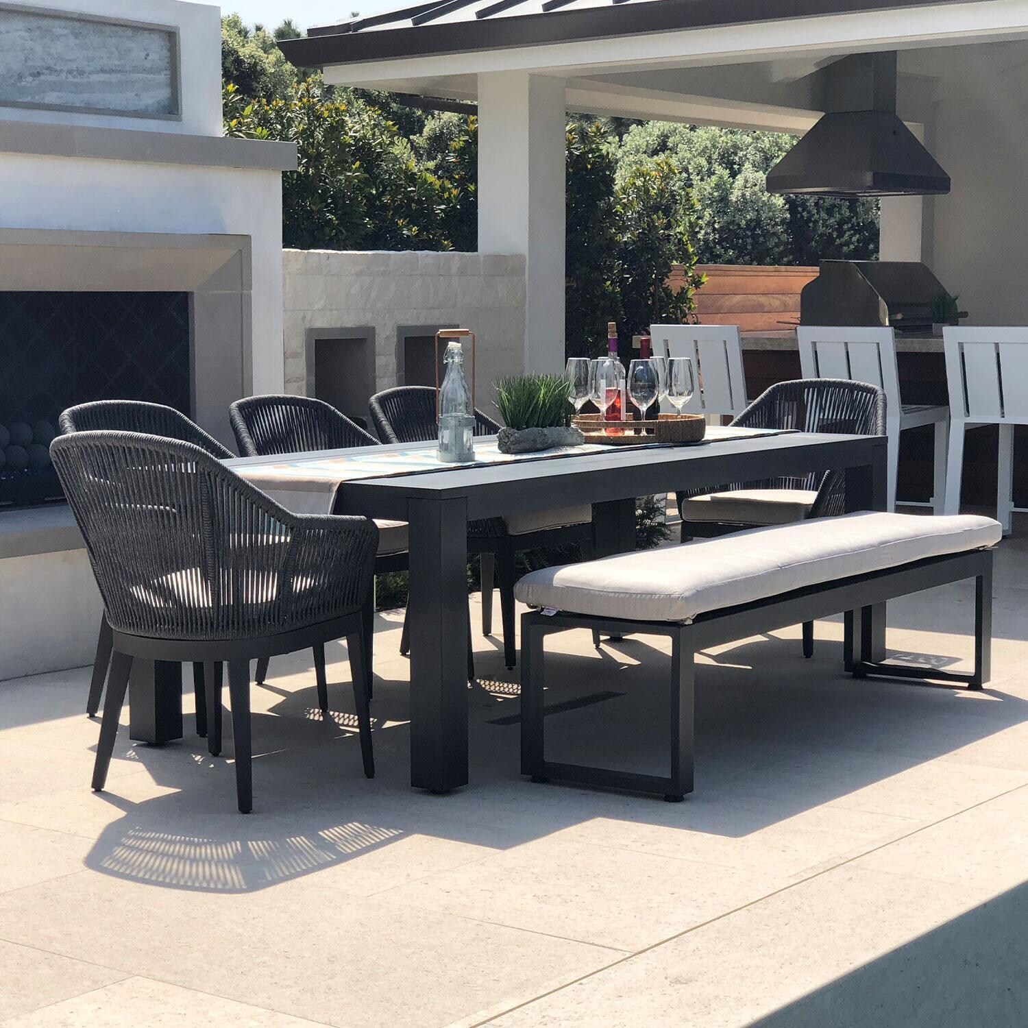 Milano Olefin Rope & Aluminum Patio Dining Chair in Dupione Celeste w/ Self Welt by Sunset West - Outdoor Dining - Shown in Echo Ash finish (Sold Separately, Only One Dining Chair) - Lifestyle thumbnail