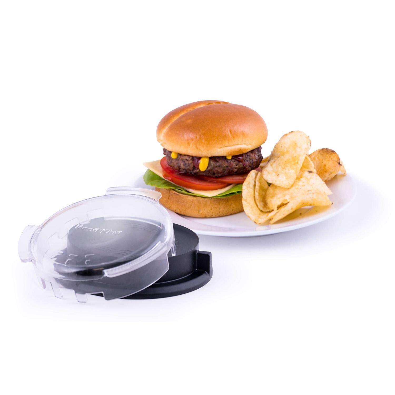 Broil King Deluxe Burger Press - 62475 - With Plate of Food - White Background thumbnail