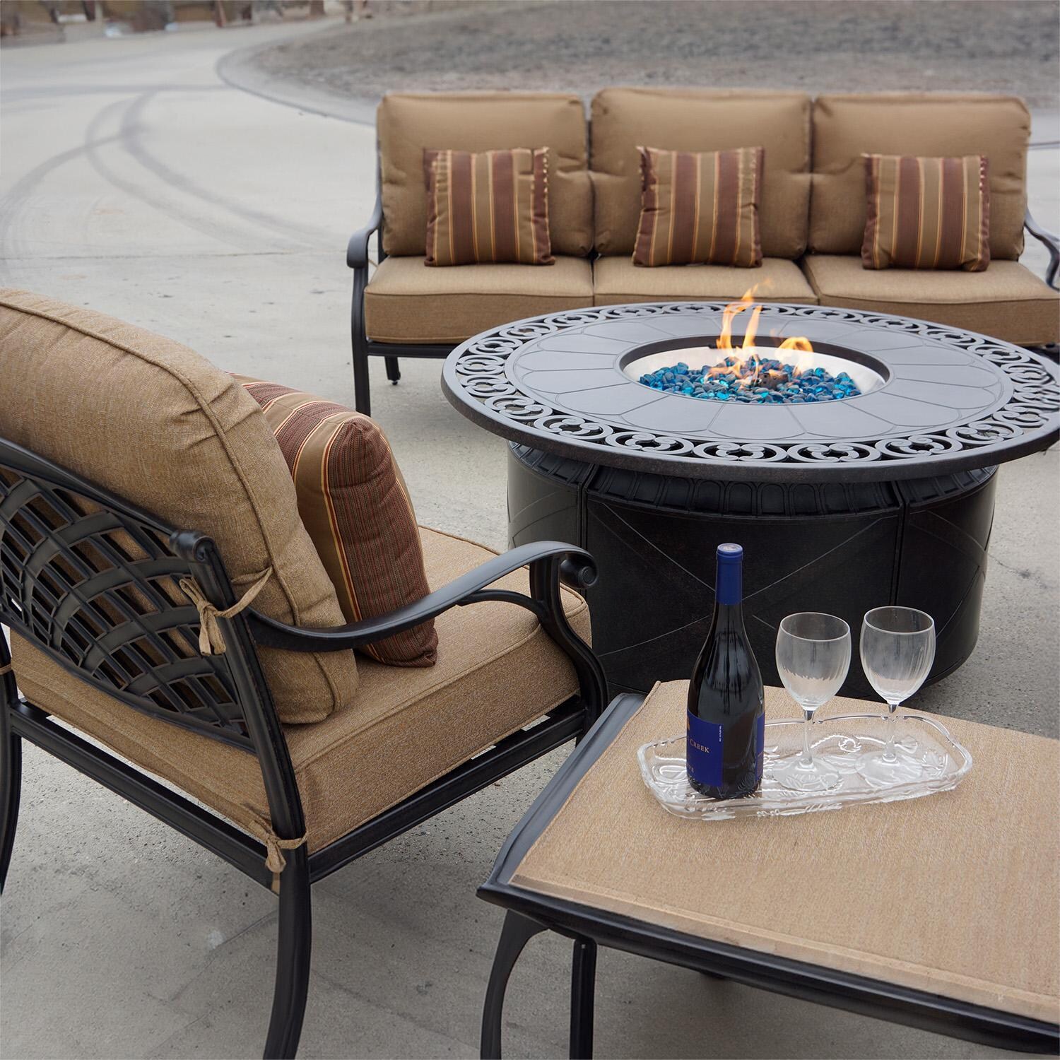 Darlee Nassau 5-Piece Patio Propane Fire Pit Deep Seating Set with Cushions and 47 Inch Round Fire Pit Chat Table and Fireglass - Chair Up Close - Lifestyle thumbnail