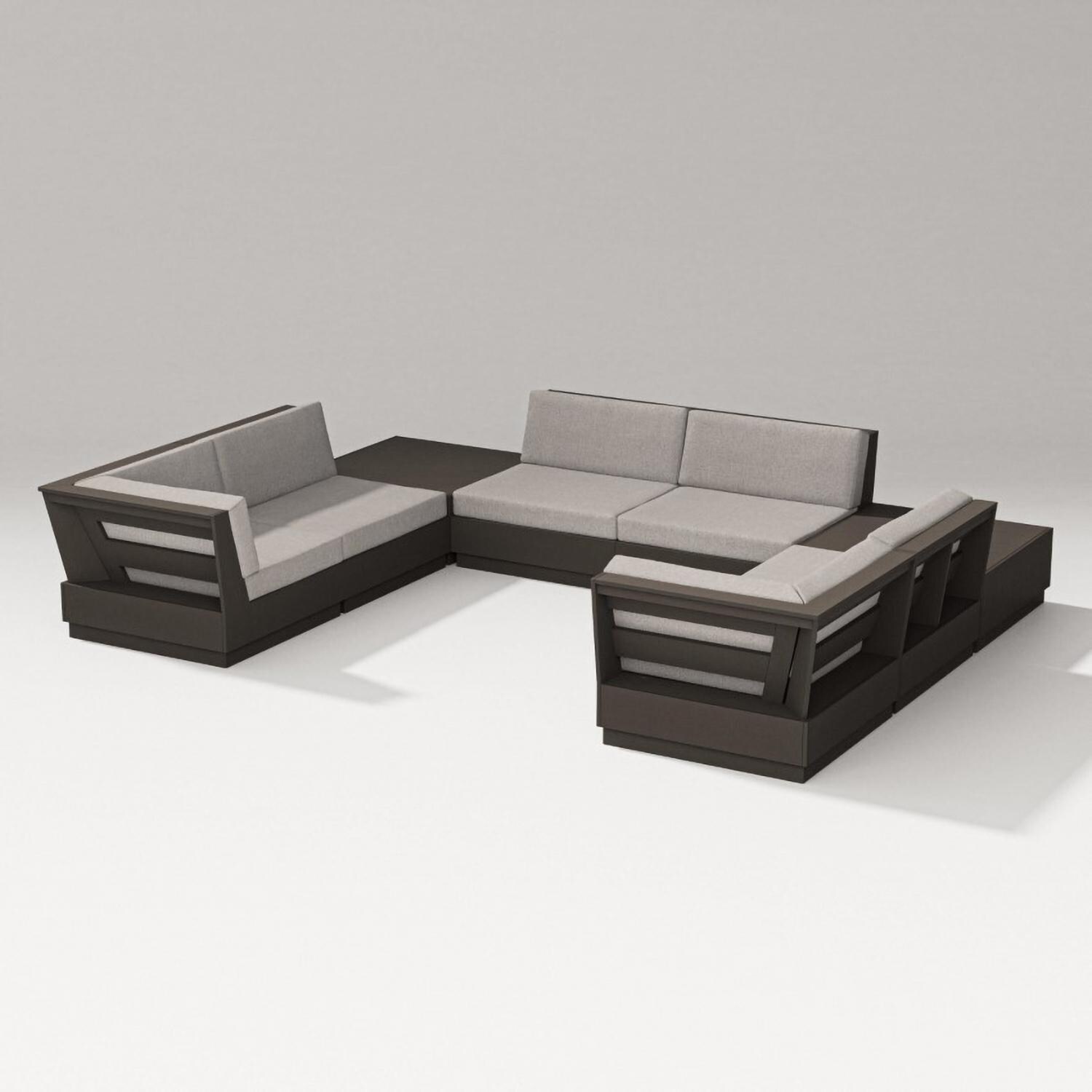 Elevate 8 Pc U-shaped Recycled Plastic Sectional Seating Set in Vintage Coffee/Weathered Tweed By PW Designer Series