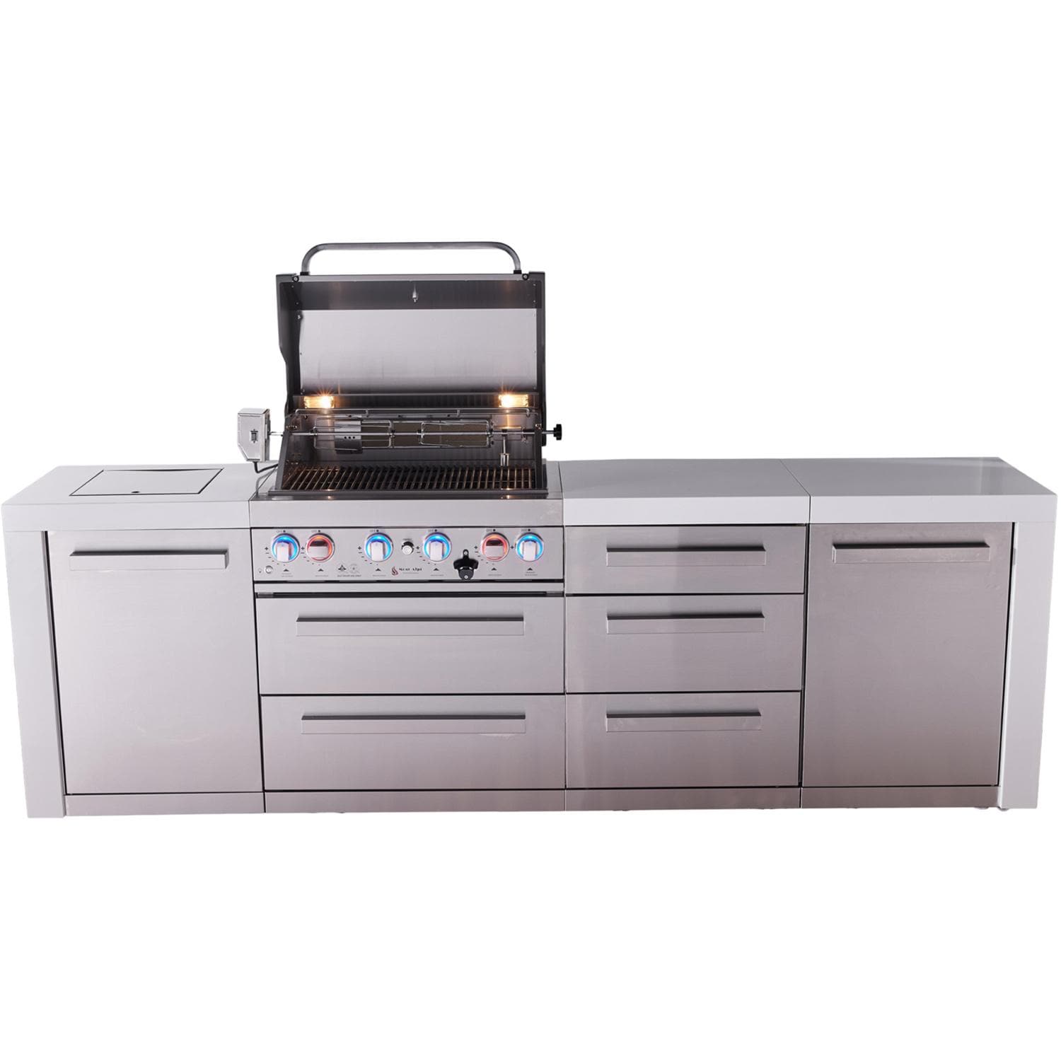 Mont Alpi Deluxe Series 7 Ft Natural Gas Outdoor Kitchen Island w/ 32-in Grill, Side Burner & Triple Drawer (Ships Propane w/ Conversion Kit) - Grill Open - White Background thumbnail