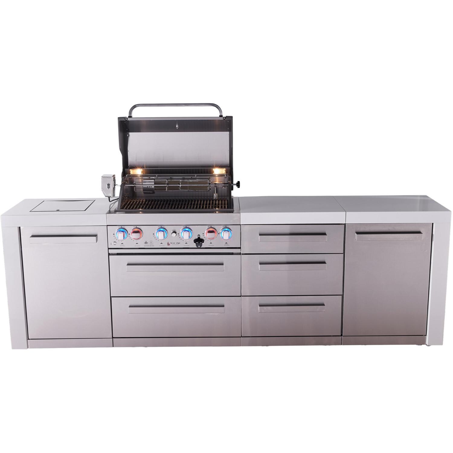 Mont Alpi Deluxe Series 7 Ft Natural Gas Outdoor Kitchen Island w/ 32-in Grill, Side Burner & Triple Drawer (Ships Propane w/ Conversion Kit) - Grill Open - White Background thumbnail