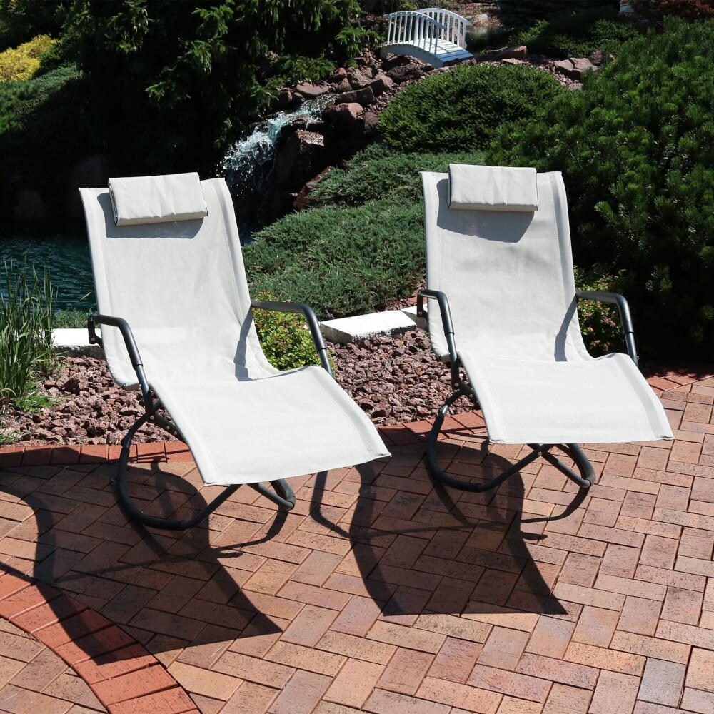2 Pc Steel Folding Rocking Chaise Lounge w/ Headrest in Gray/Beige by Ultimate Patio