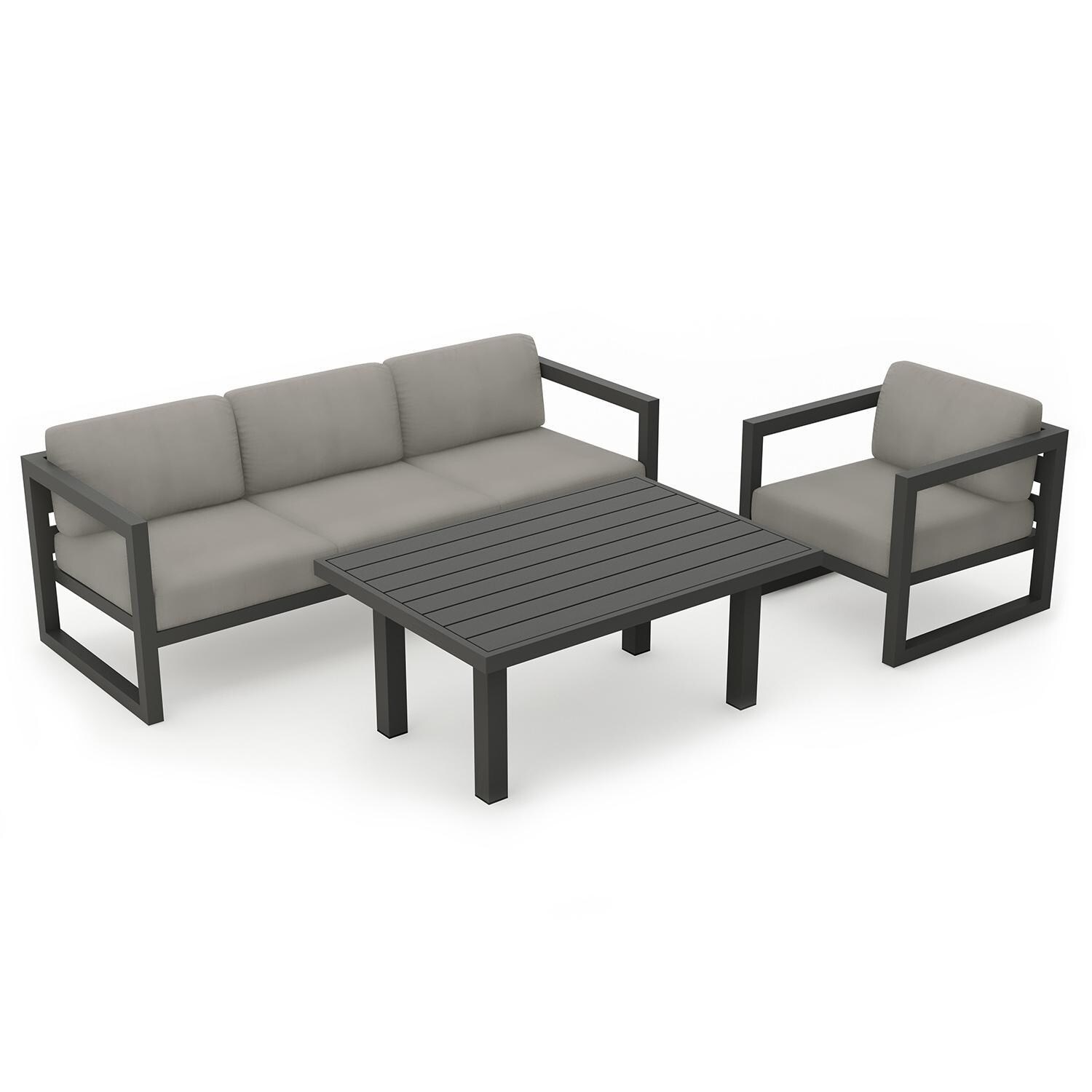 Misty Cove 3 Piece Seating Set in Slate w/Chat Table & Canvas Charcoal Cushions by Lakeview - Top Angle View - White Background thumbnail