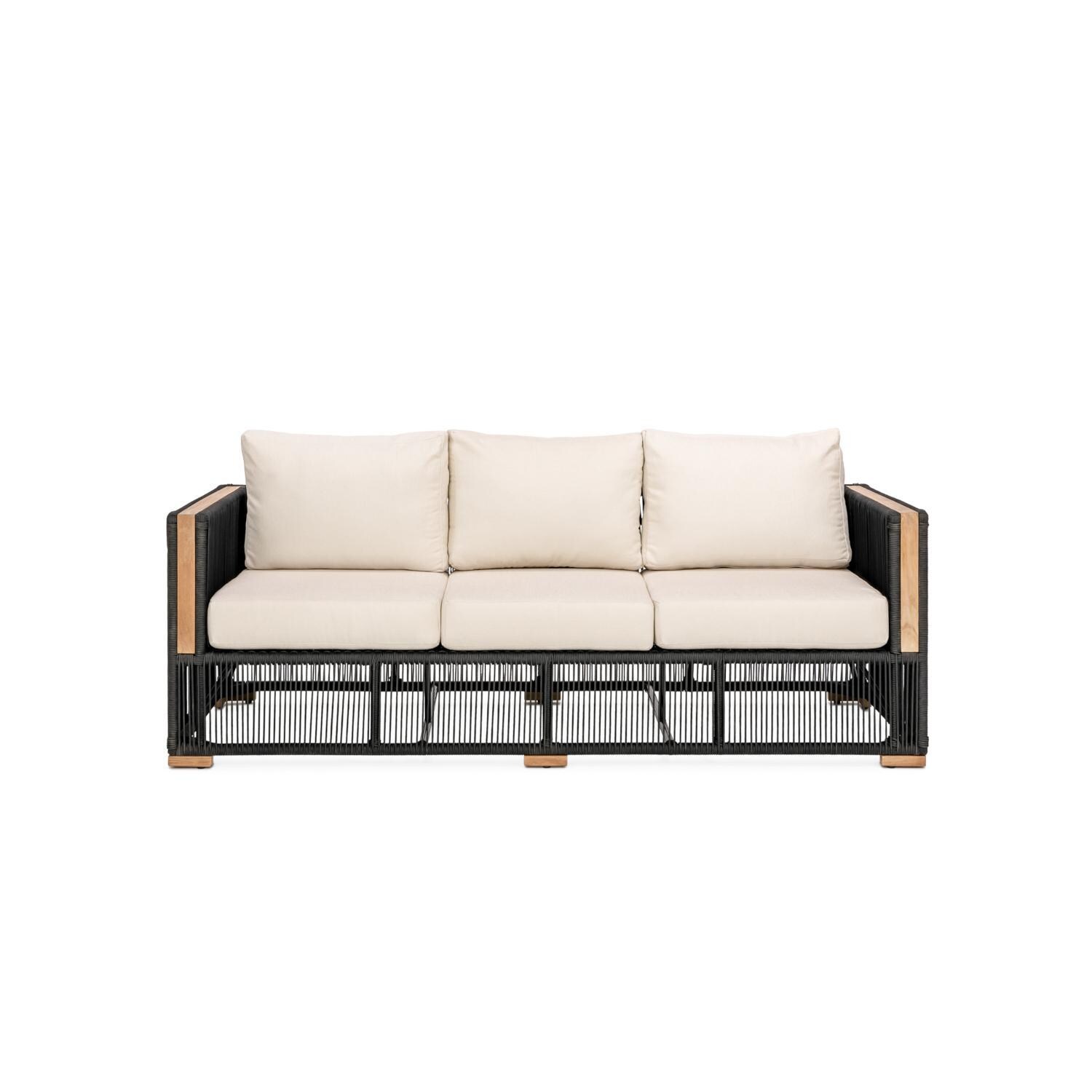 Teak + Table Breeze Olefin Rope & Teak Patio Sofa in Charcoal/Sand - White Background thumbnail