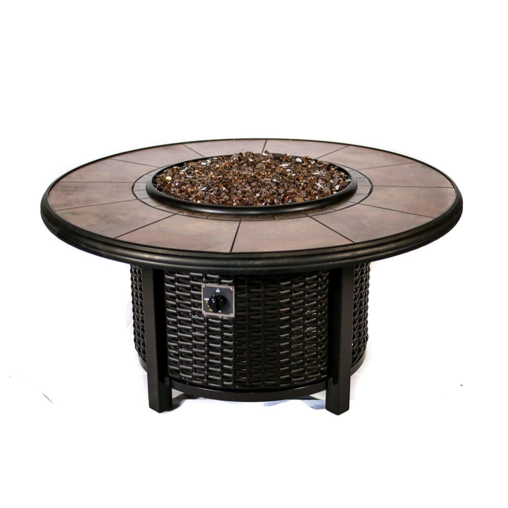 Tretco 48-Inch Round Wicker Fire Pit Table - Dark Brown W/ Tile Top - With Copper Fire Glass thumbnail