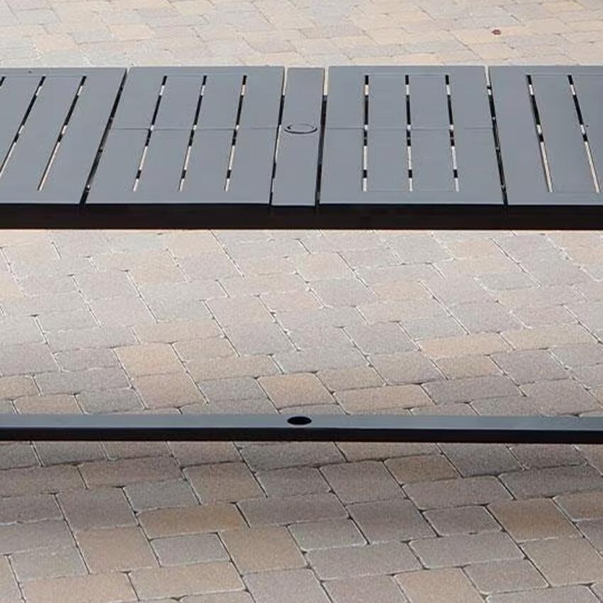 Atlantis 11 Pc Aluminum Dining Set w/ 118 Inch Table, Swivel Rockers, and Beige Cushions in Walnut By Darlee - Umbrella Holes - Detail thumbnail