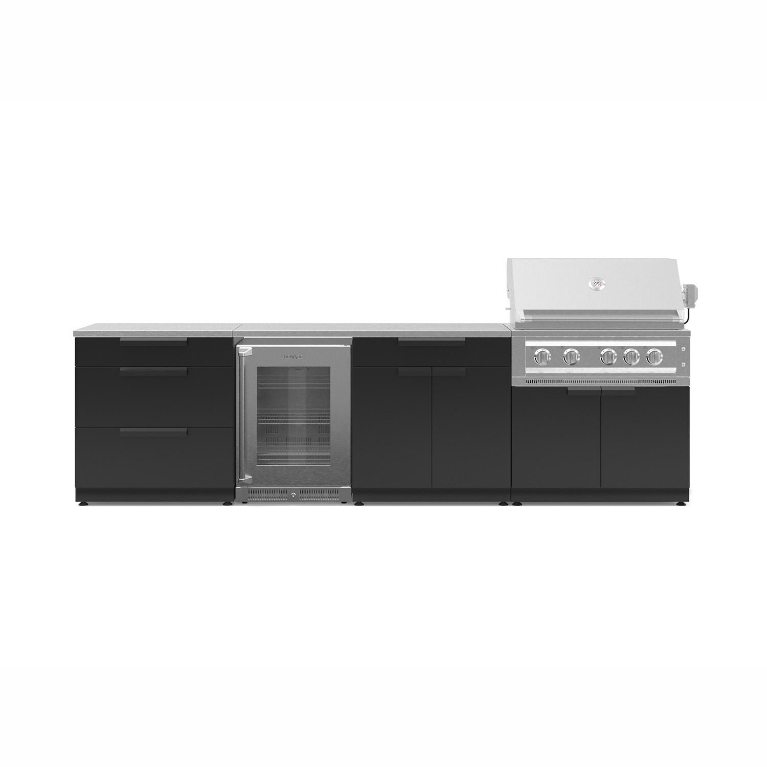 NewAge Products Classic Series 10 1/2 Ft Outdoor Kitchen Island w/ 36-in Natural Gas Grill, Glass Door Refrigerator, Trash Bin, Door & Drawer in Matte Black/Stainless Steel