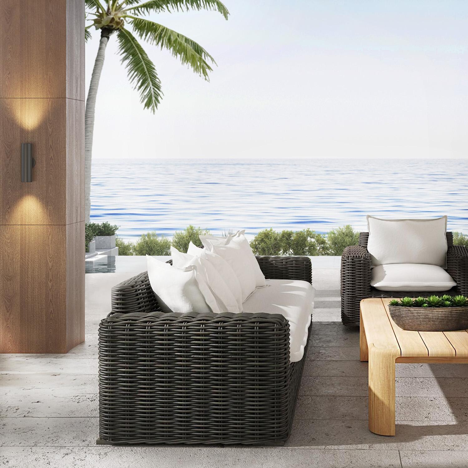 Cabo 3 Person Resin Wicker Sofa in Kahlua/Soothe Pearl by Sunset West - Side - Lifestyle thumbnail