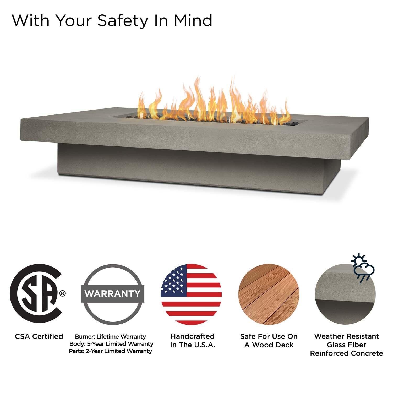Hickory Bay 72 Inch Rectangular Glass Fiber Reinforced Concrete Propane Fire Pit Table in Flint by BBQGuys Signature - Safety thumbnail