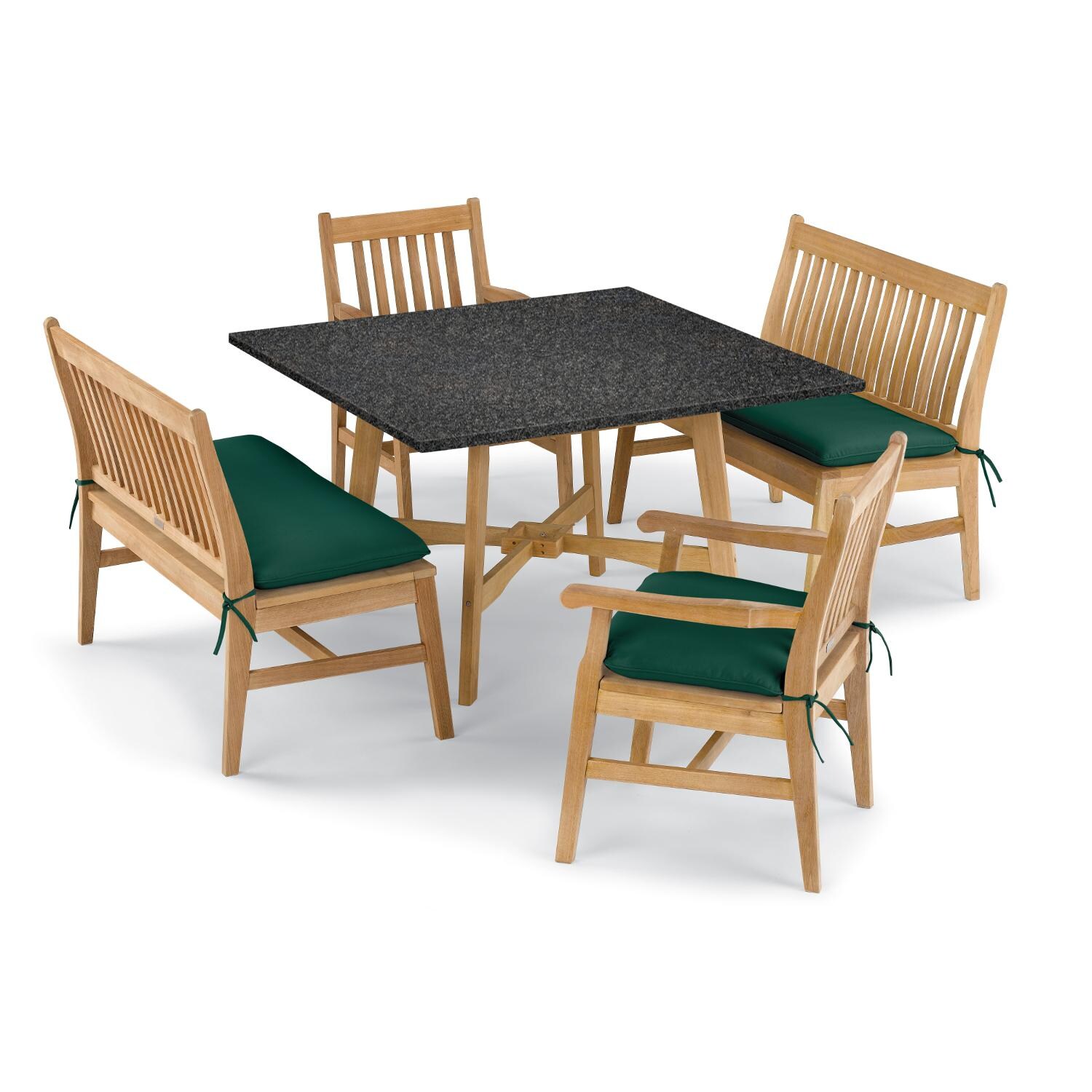 Wexford 5 Piece Natural Shorea Patio Dining Set W/ 48 Inch Square Lite-Core Charcoal Table, Benches, Dining Arm Chairs & Sunbrella Canvas Hunter Green Cushions By Oxford Garden