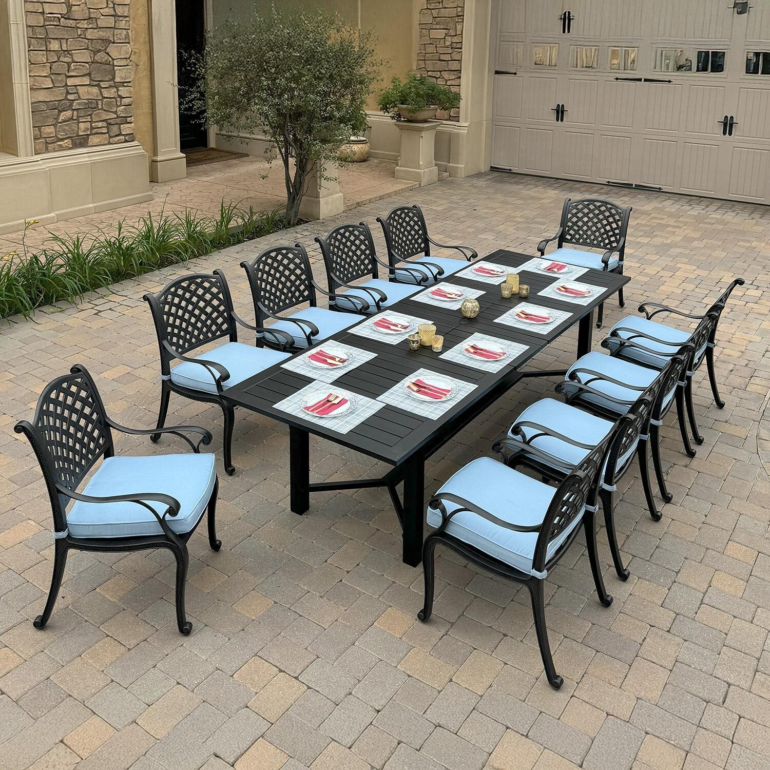 Darlee DL13-11PCD-2350LE-B Nassau 11 Pc Cast Aluminum Dining Set in Antique Bronze w/ Blue Cushions - Set - Lifestyle thumbnail