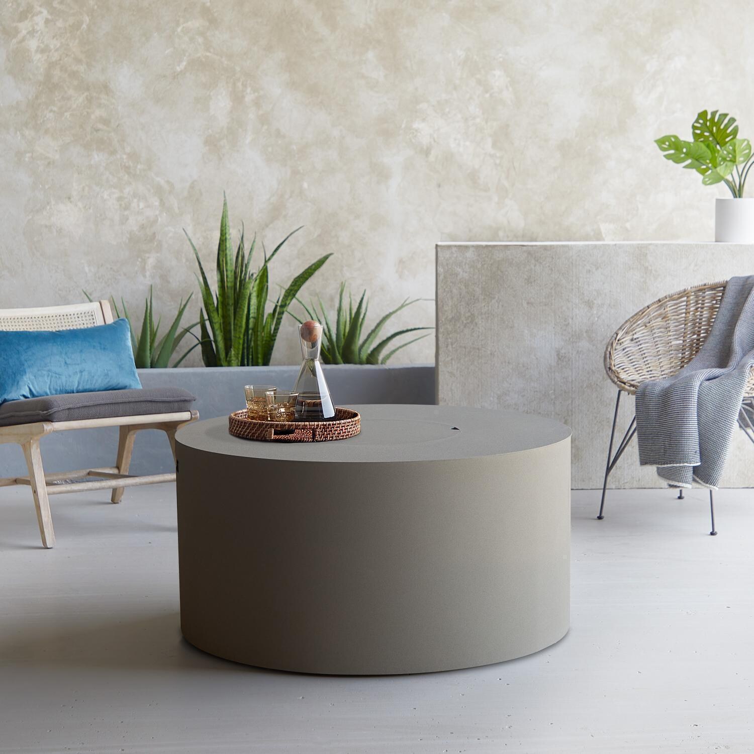 Covewood 4292LP-CGRY 41 Inch Round Aluminum Propane Fire Pit Table in Gray by BBQGuys Signature - Lid - Lifestyle thumbnail