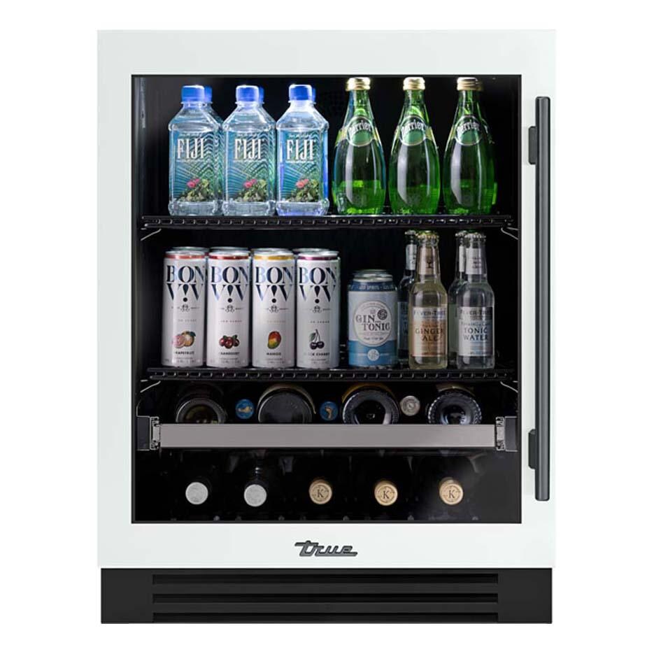 True TUBADA-24-LG-A~030-H05 ADA Height 24 Inch 105 Can 12 Bottle Left Hinge Glass Door Outdoor Beverage Center - Matte White w/ Pewter Handle - White Background thumbnail