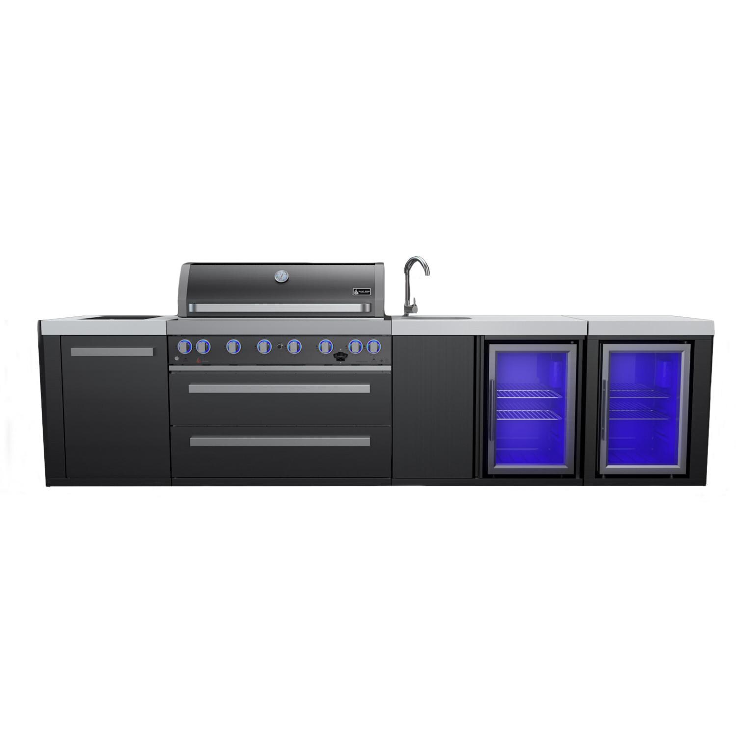 Mont Alpi 805 Deluxe Propane Gas Island Grill W/ Beverage Center, Refrigerator Cabinet, Infrared Side Burner, & Rotisserie Kit - Black Stainless Steel - MAi805-BSSBEVFC image