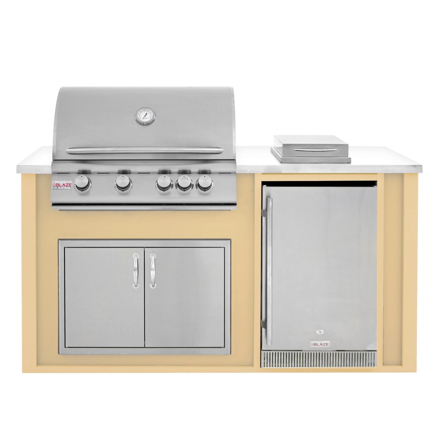 BBQGuys 6 Ft BBQ Island With Blaze 32-Inch Natural Gas Grill, Double Access Door, Outdoor-Rated Compact Refrigerator & Side Burner - Cork Wedge/White - BLZAD4.1SBNG-6SBVP4CWNW