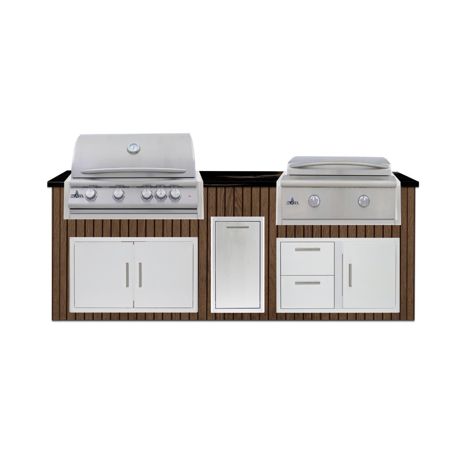 BBQGuys Signature 8 Ft Outdoor Kitchen Island w/ 32-in Blaze LTE+ Propane Grill & Griddle & Narrow Trash Bin | Toffee w/ Nero Mist Granite