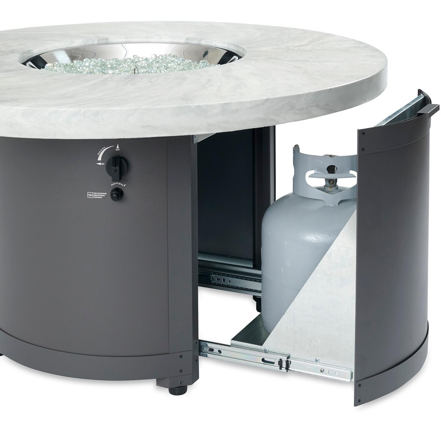 The Outdoor GreatRoom Company Beacon BC-20-WO 48-Inch Round Propane Gas Fire Pit Table with 20-Inch Crystal Fire Burner - White Onyx - Slide-Out Propane Storage thumbnail