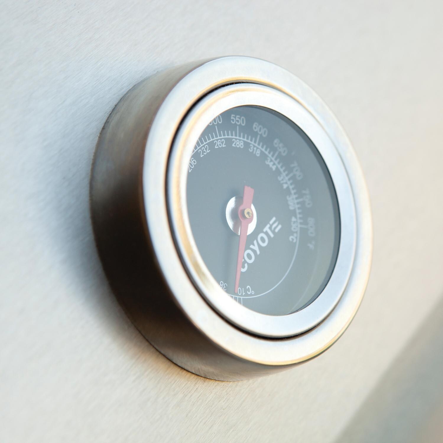 Coyote Centaur 50-Inch Propane Gas And Charcoal Hybrid Grill On Cart - Thermometer Close Up thumbnail