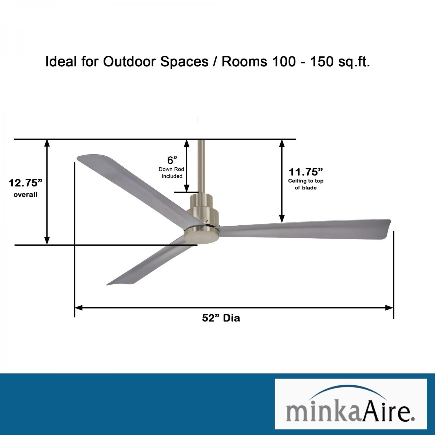 Minka-Aire F787-BNW Simple 52-Inch 3-Blade Ceiling Fan in Brushed Nickel Finish w/ Silver Blades - Dimensions thumbnail