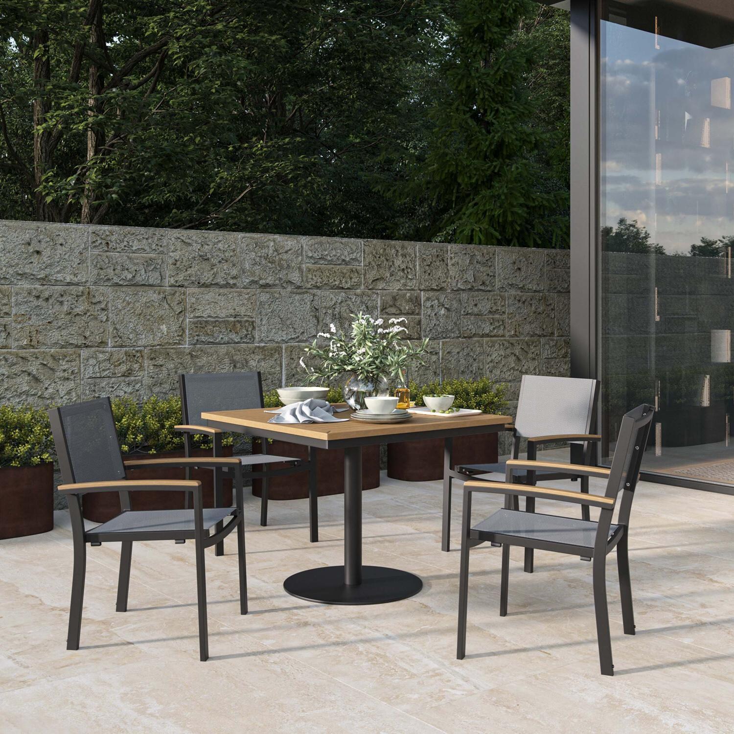 Oxford Garden Travira 5 Pc Composite Sling & Aluminum Dining Set W/ Natural Tekwood Arm Caps & Square Table Top in Carbon/Titanium thumbnail