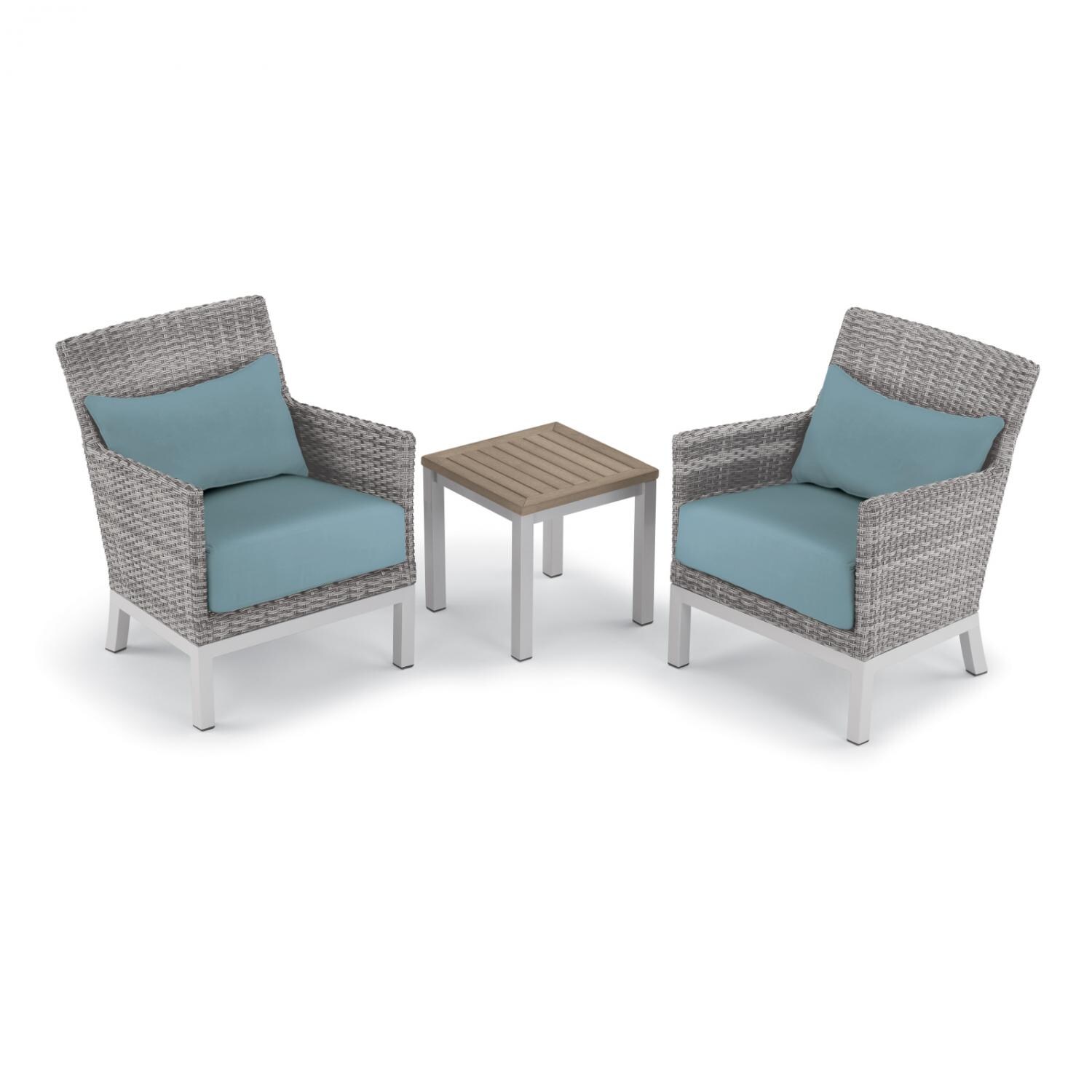 Argento 3 Piece Wicker Patio Conversation Set W/ Tekwood Vintage End Table, Ice Blue Cushions & Lumbar Pillows By Oxford Garden thumbnail