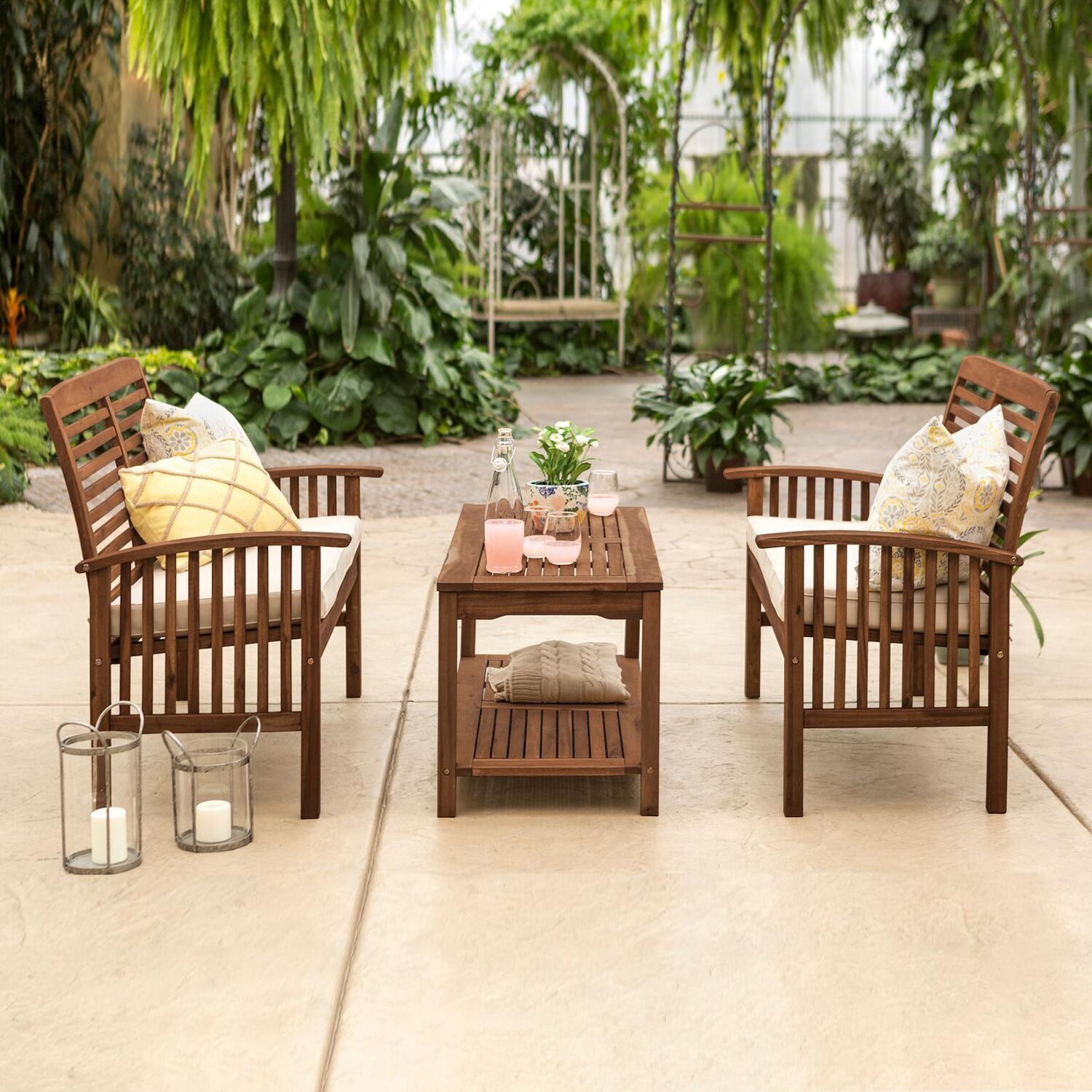 Ultimate Patio Horizon Way 3 Piece Dark Brown Acacia Patio Conversation Set W/ Loveseats & Natural Cushions - Lifestyle Side View thumbnail