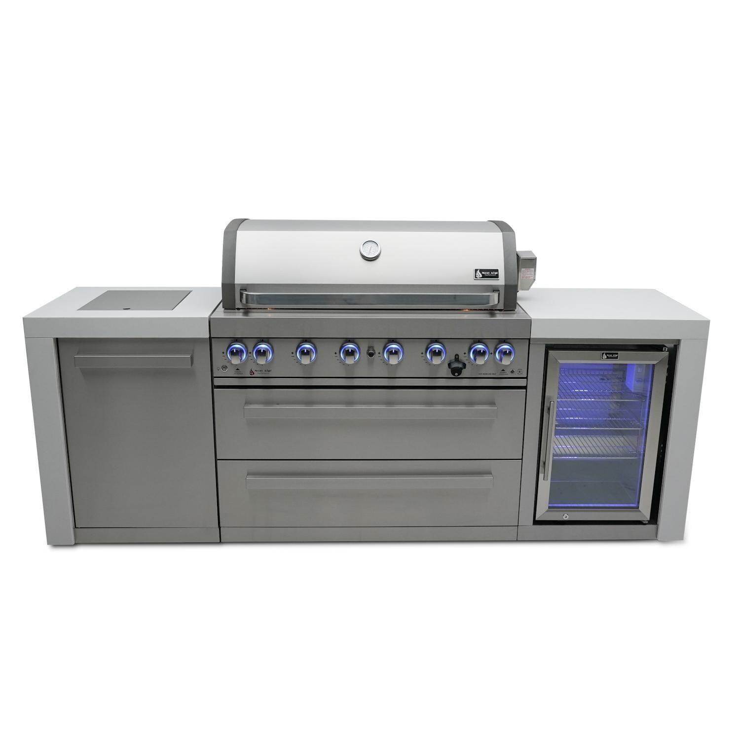 Mont Alpi MAi805-DFC Deluxe Natural Gas Island Grill W/ Refrigerator Cabinet - White Background thumbnail